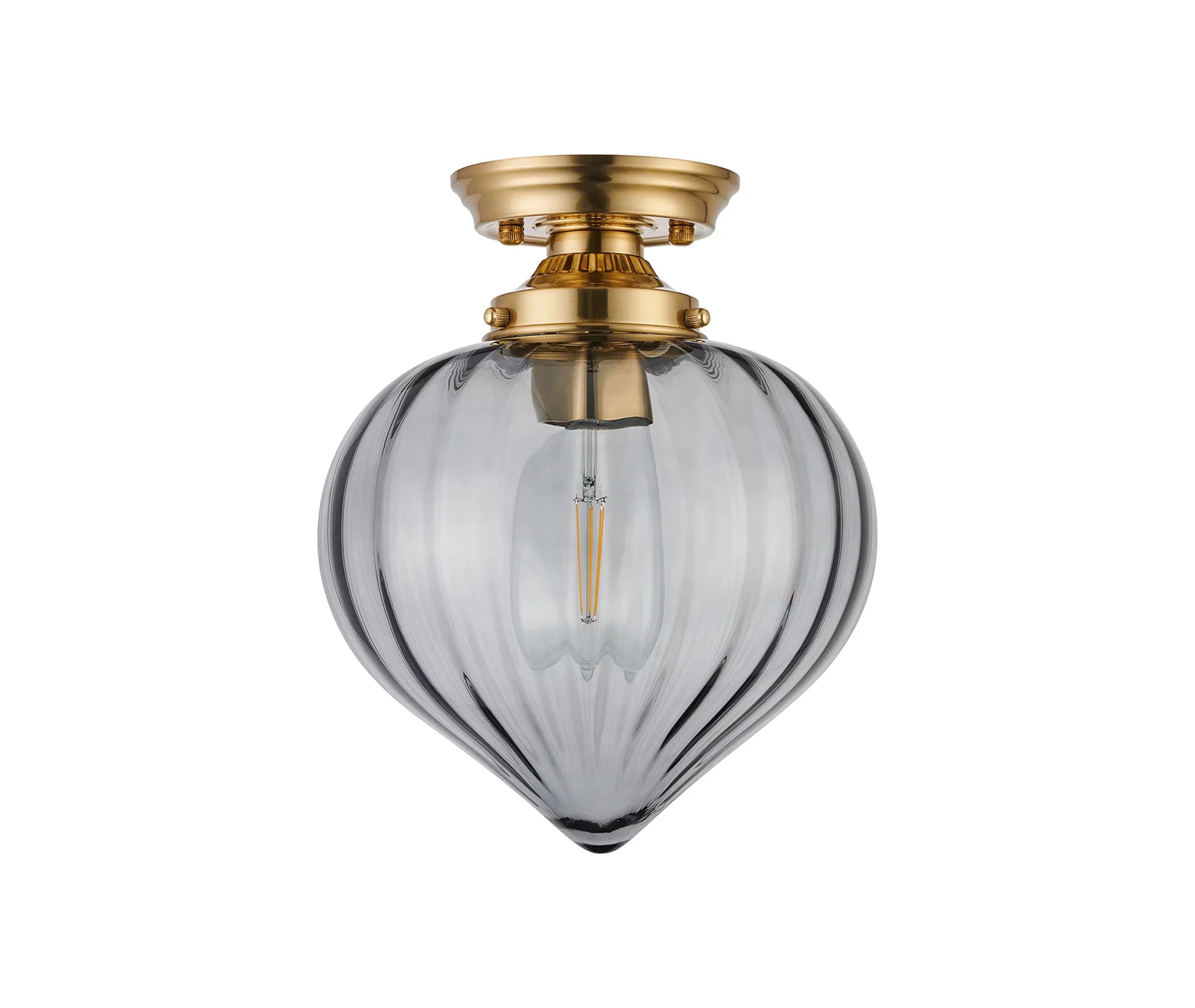 Grove Flush Ceiling Light with Flower Bud Shade - Brass & Smoke