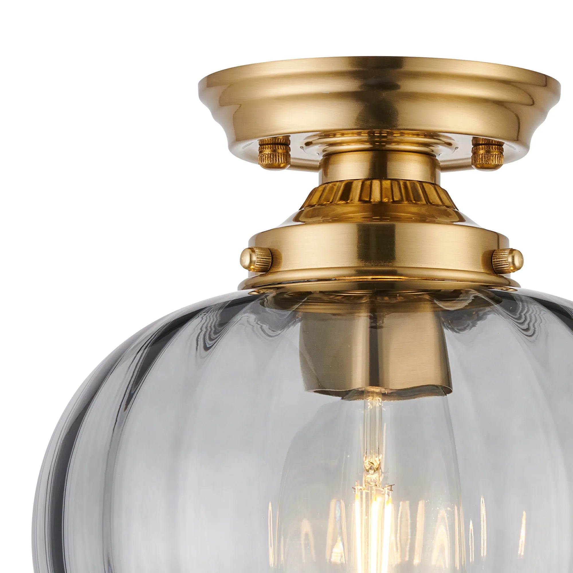 Grove Flush Ceiling Light with Flower Bud Shade - Brass & Smoke