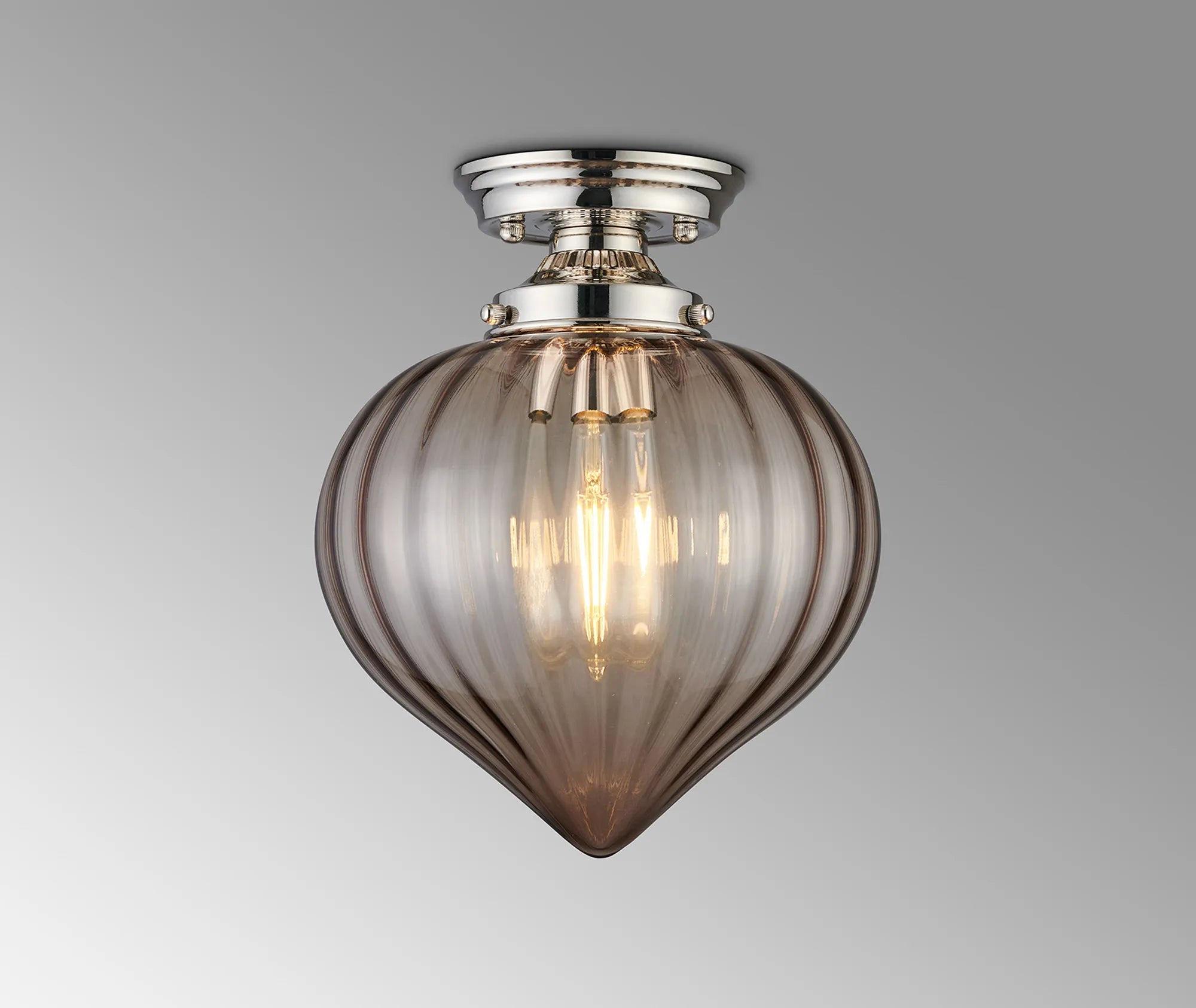 Grove Flush Ceiling Light with Flower Bud Shade - Polished Nickel & Cognac