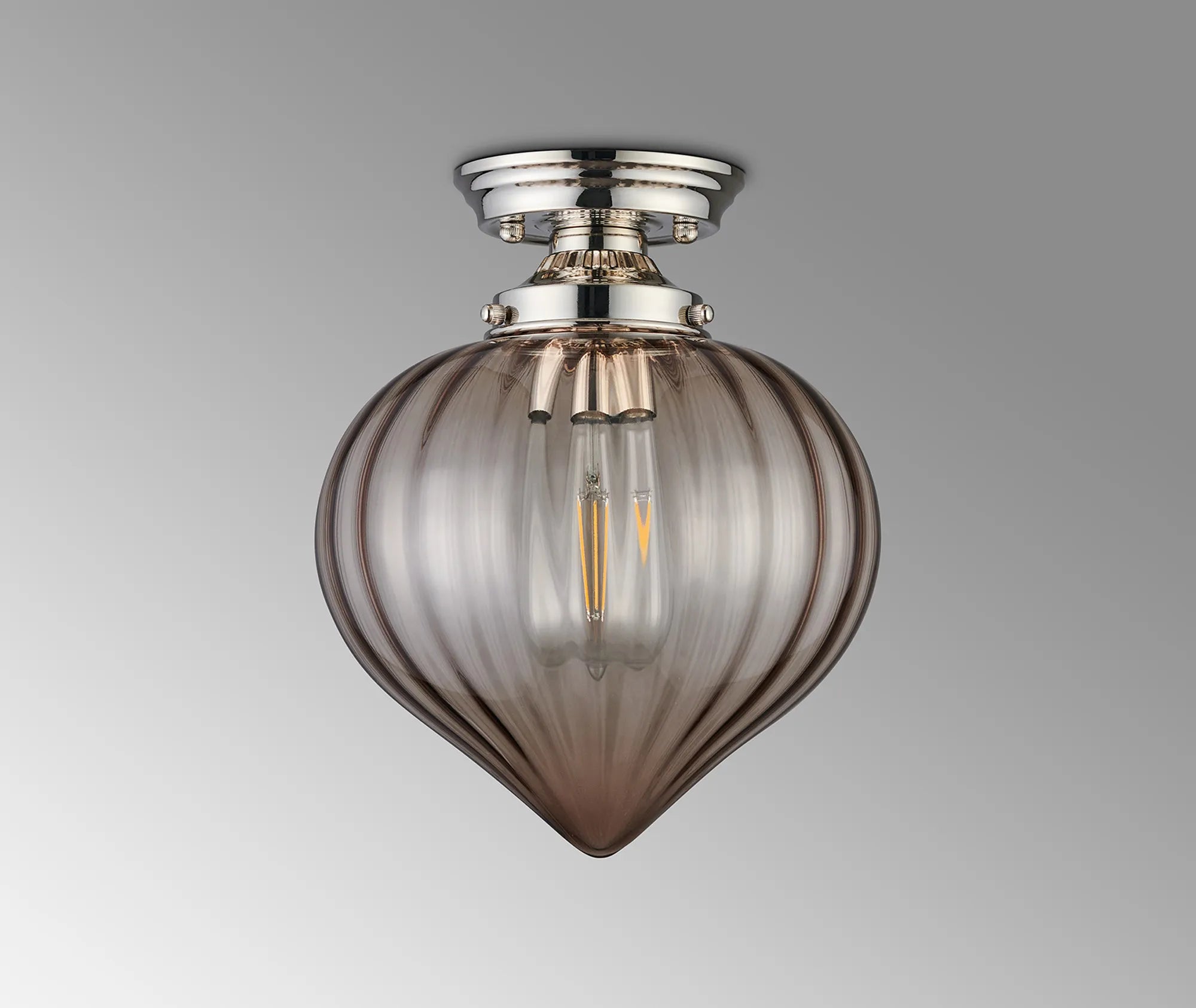 Grove Flush Ceiling Light with Flower Bud Shade - Polished Nickel & Cognac
