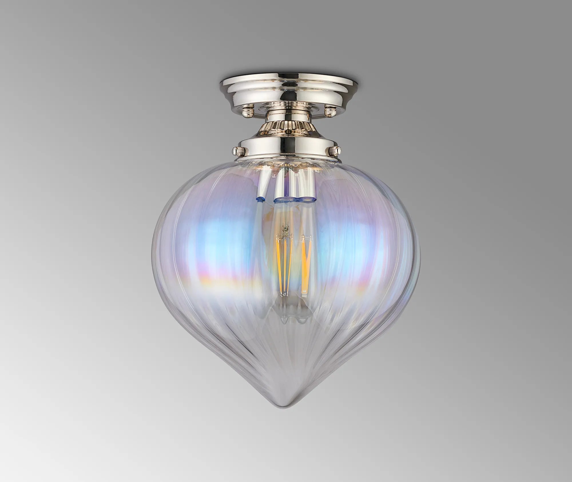 Grove Flush Ceiling Light with Flower Bud Shade - Polished Nickel & Iridescent Faded