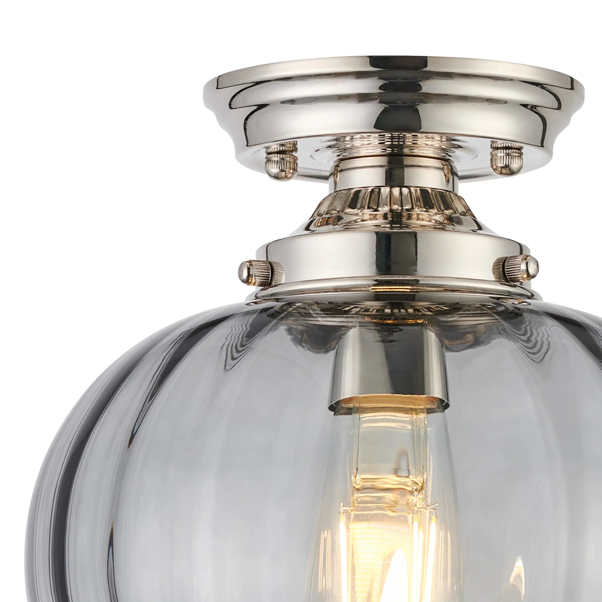 Grove Flush Ceiling Light with Flower Bud Shade - Polished Nickel & Smoke