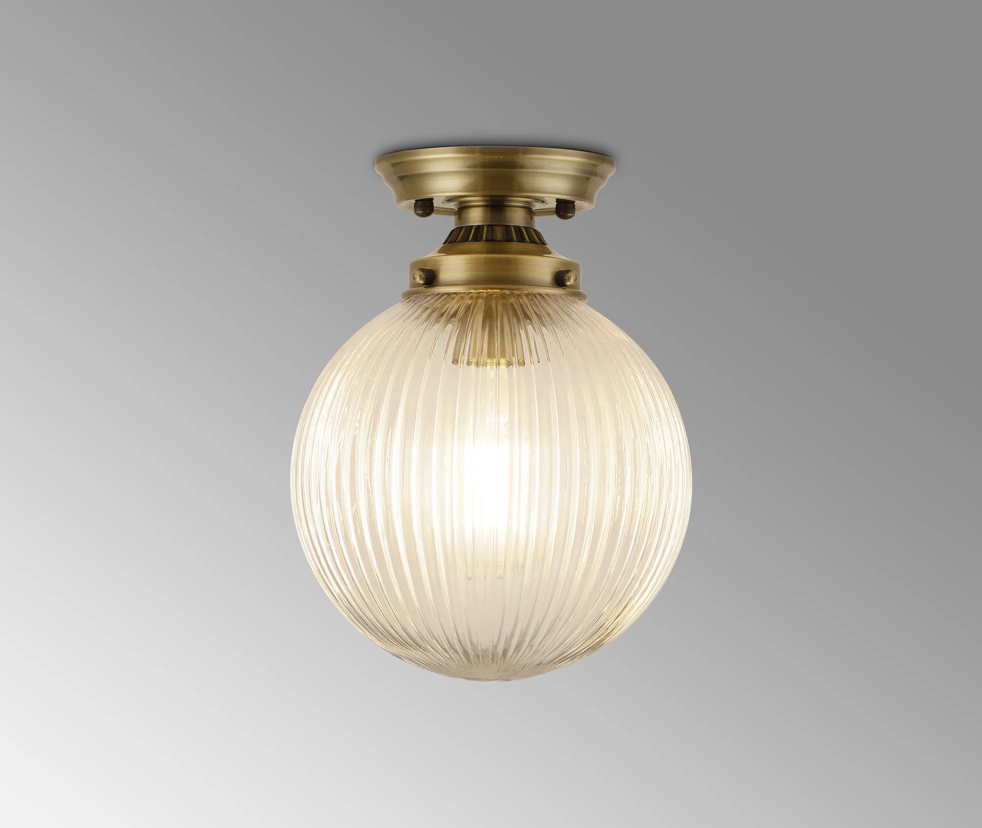 Grove Flush Ceiling Light with 20cm Acorn Ribbed Glass -Antique Brass & Clear