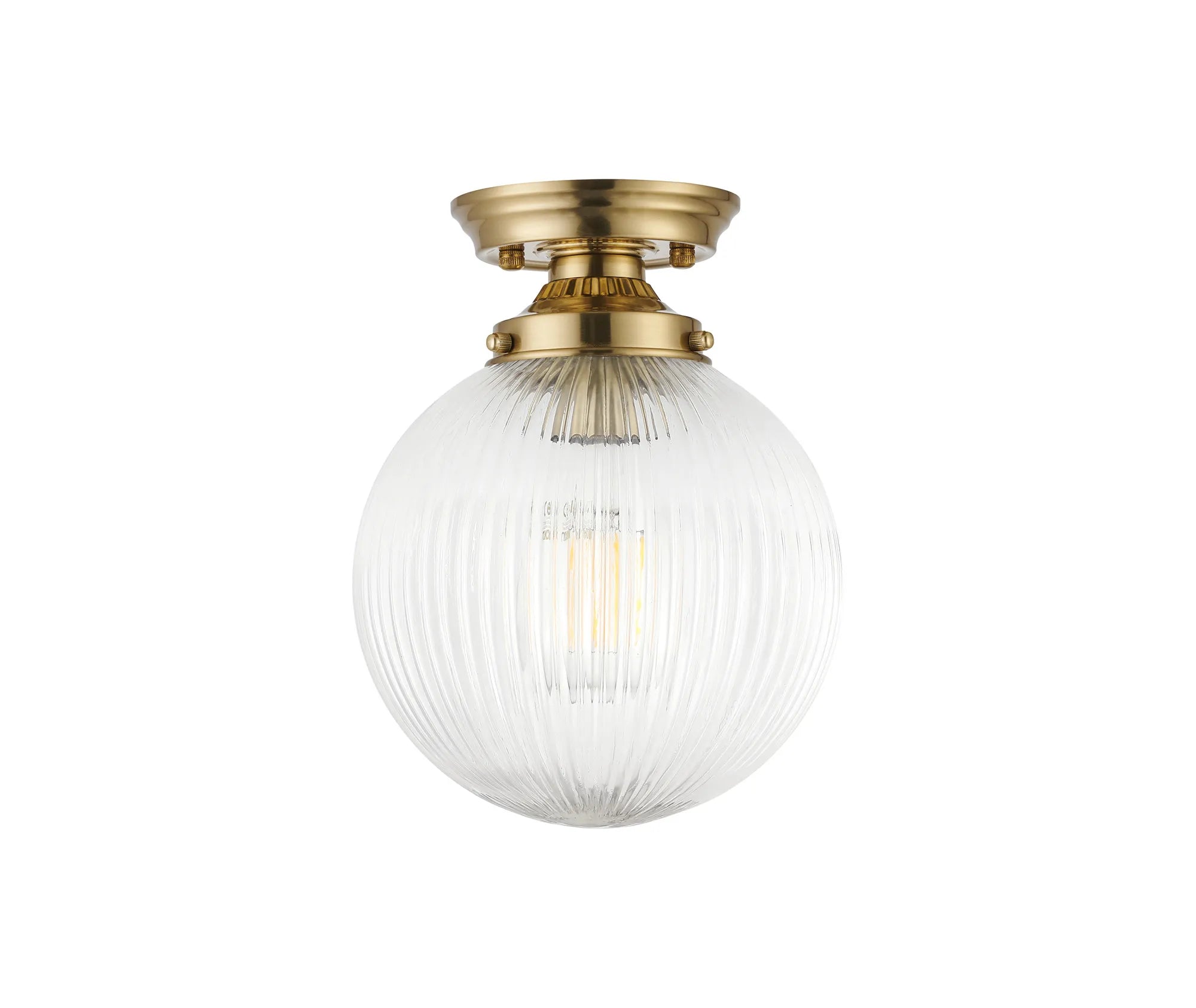 Grove Flush Ceiling Light with 20cm Acorn Ribbed Glass -Brass & Clear