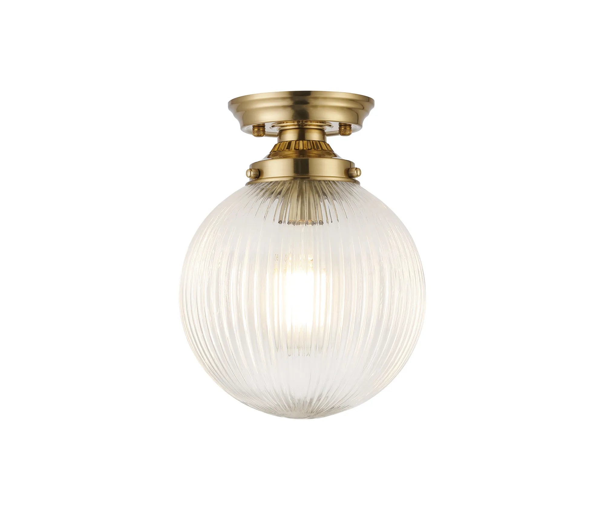 Grove Flush Ceiling Light with 20cm Acorn Ribbed Glass -Brass & Clear