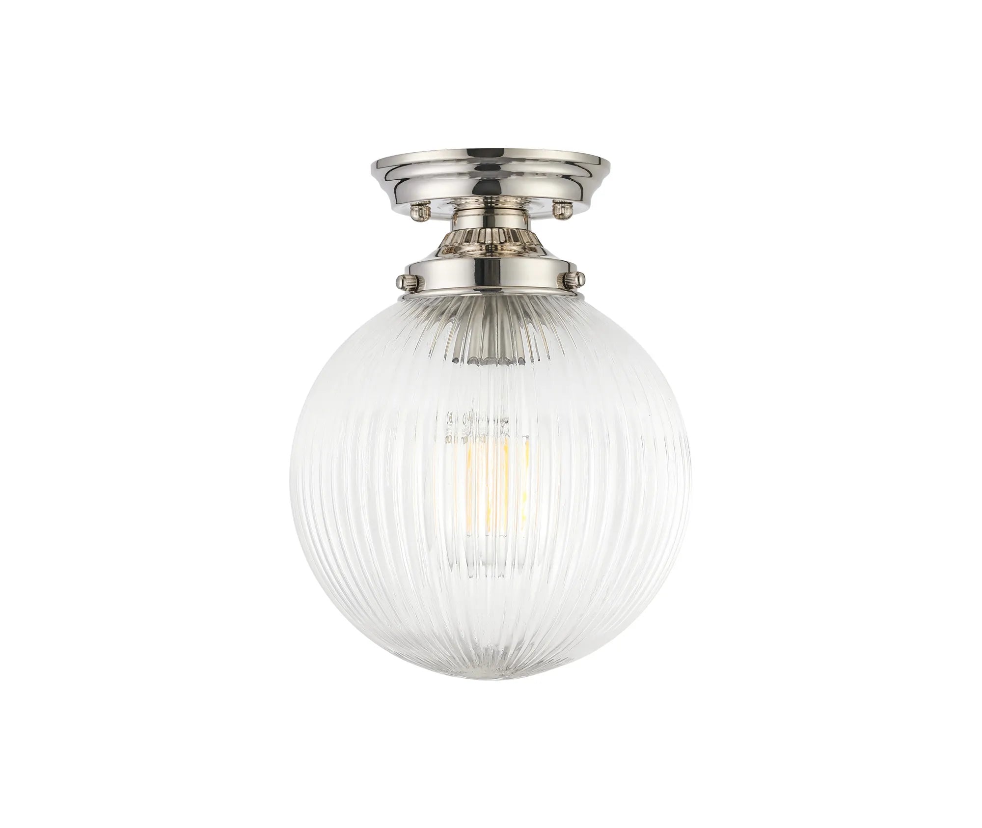 Grove Flush Ceiling Light with 20cm Acorn Ribbed Glass -Polished Nickel & Clear