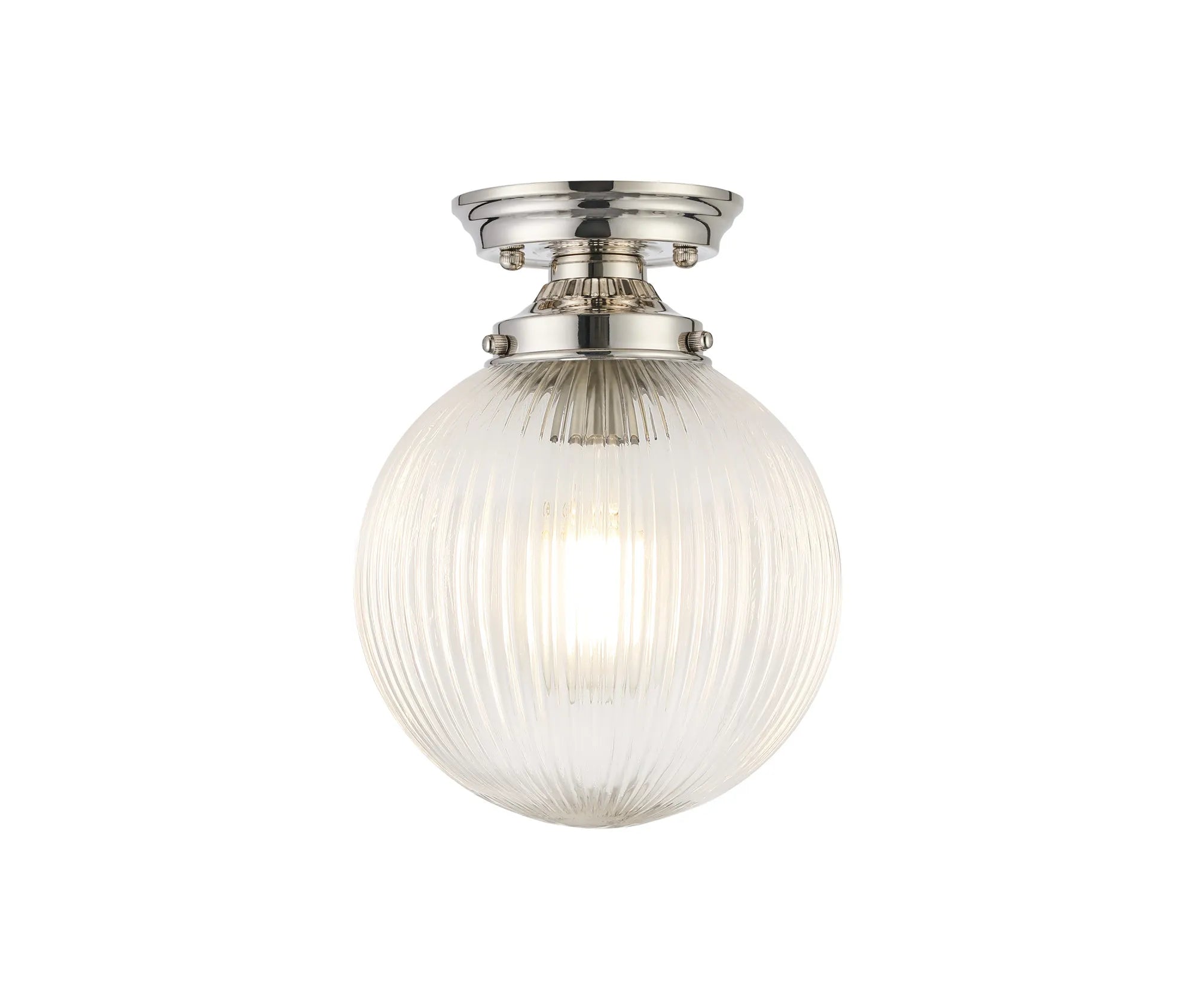 Grove Flush Ceiling Light with 20cm Acorn Ribbed Glass -Polished Nickel & Clear