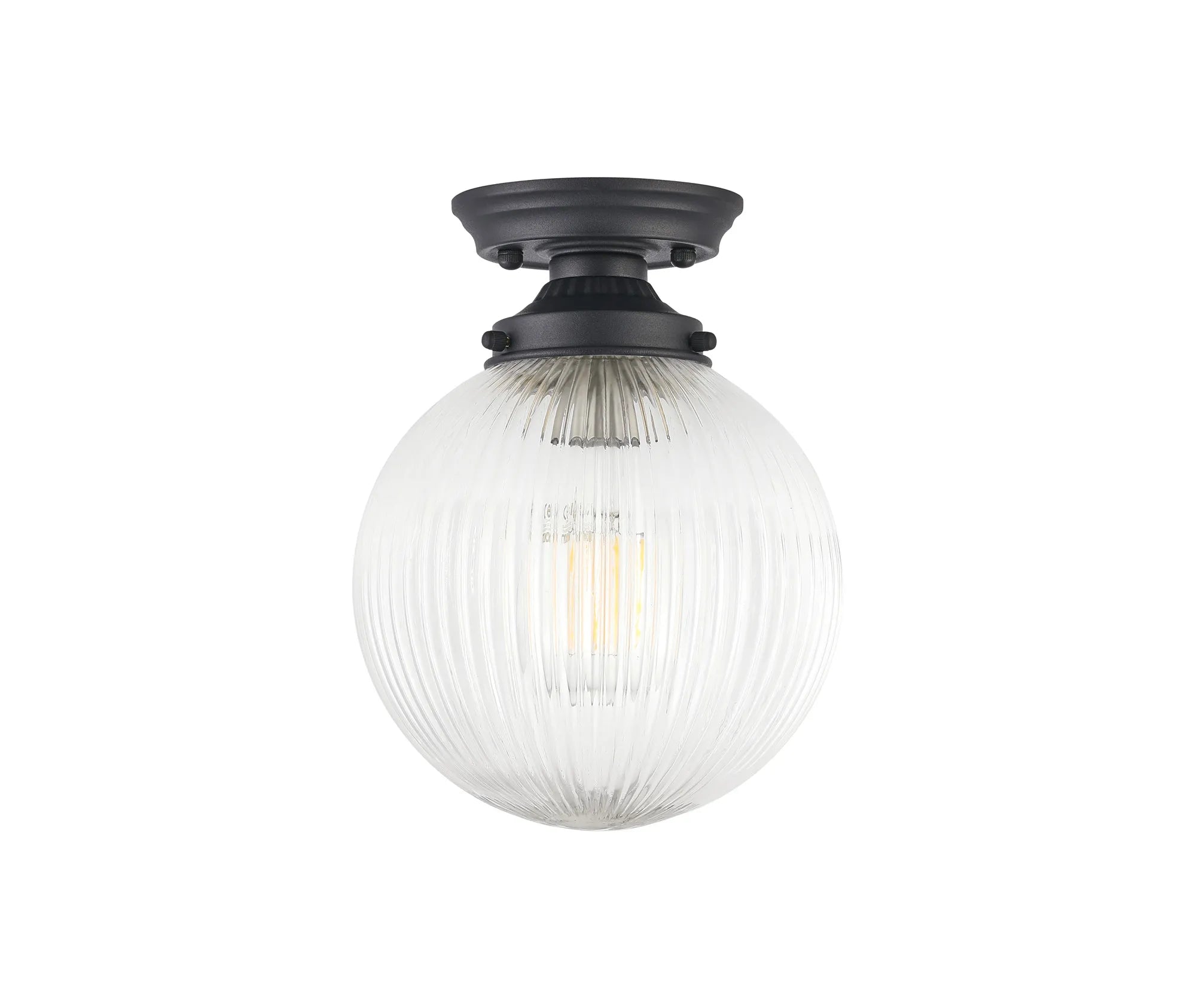 Grove Flush Ceiling Light with 20cm Acorn Ribbed Glass -Satin Black & Clear
