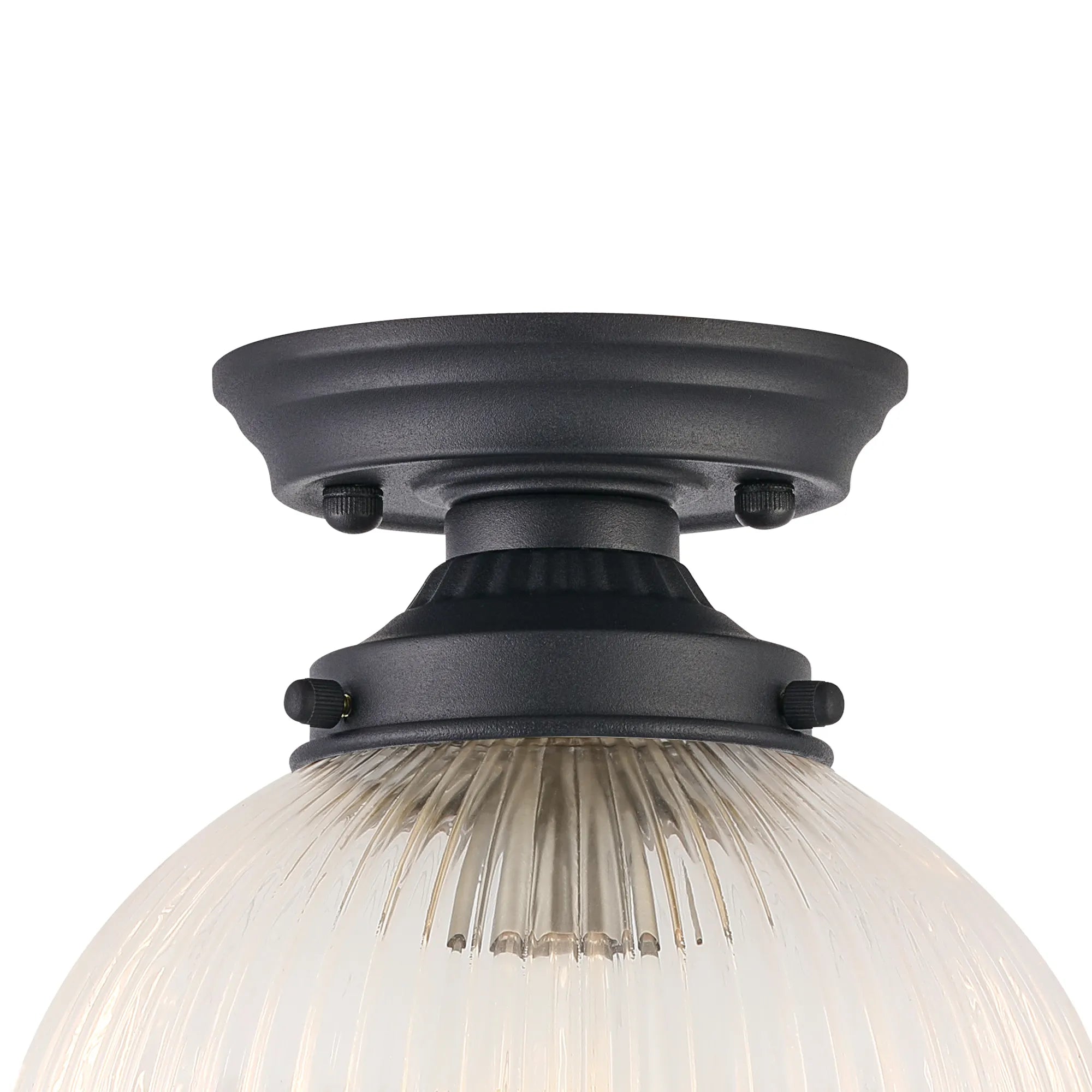 Grove Flush Ceiling Light with 20cm Acorn Ribbed Glass -Satin Black & Clear