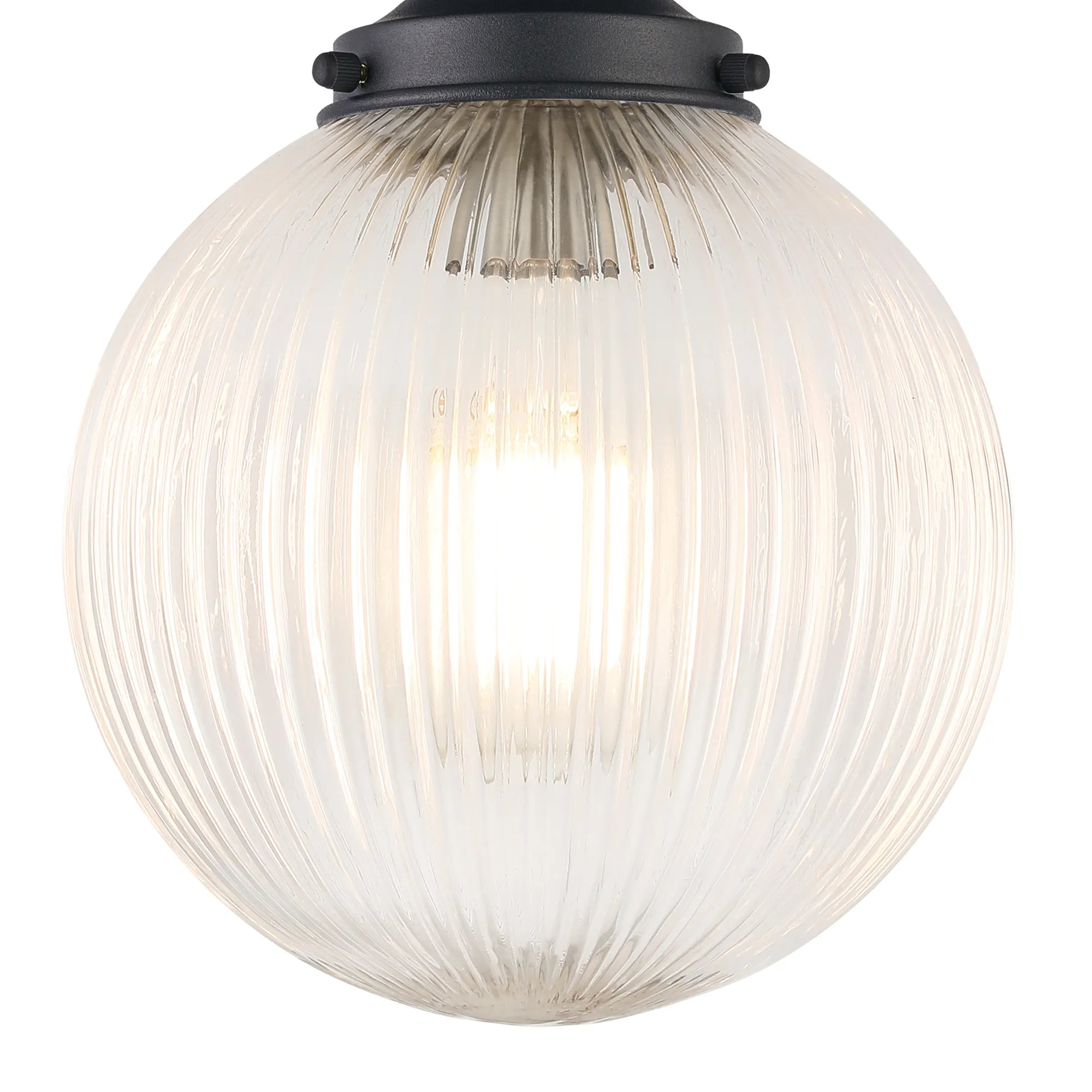 Grove Flush Ceiling Light with 20cm Acorn Ribbed Glass -Satin Black & Clear