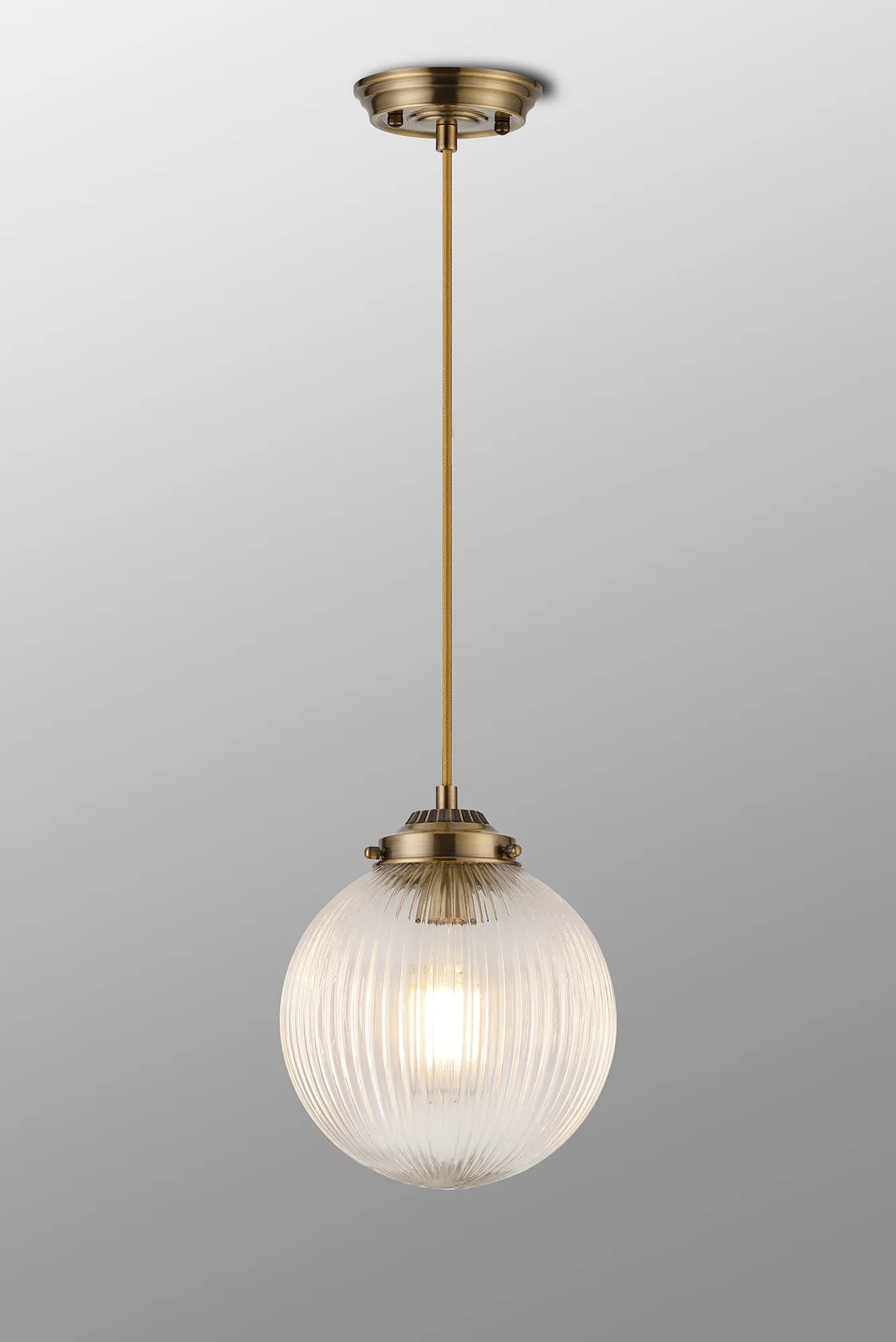 Grove Single Pendant with 20cm Acorn Ribbed Glass -Antique Brass & Golden Brown Braided Braided Cable & Clear