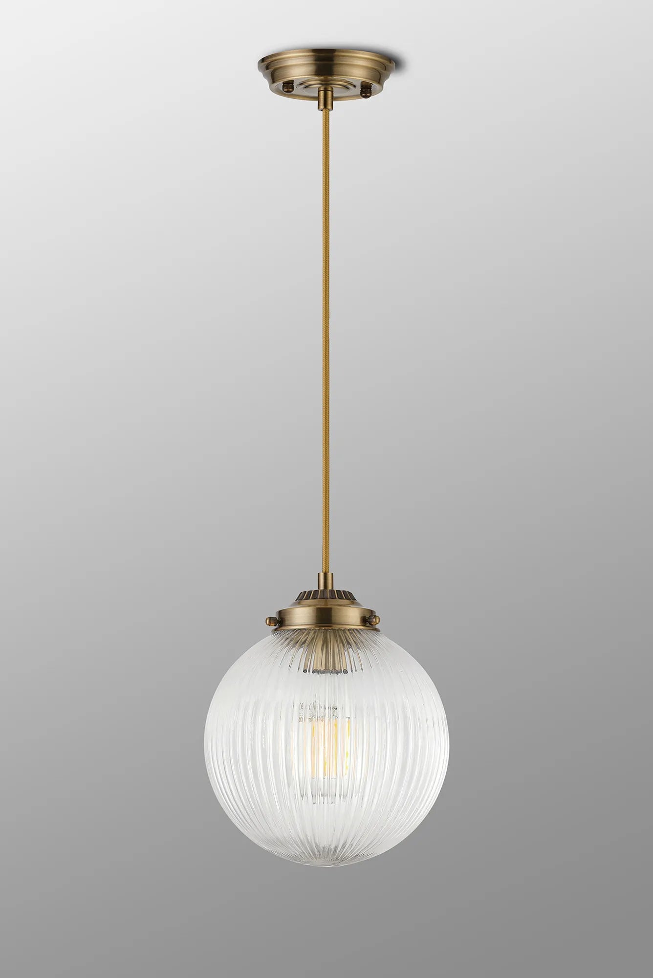 Grove Single Pendant with 20cm Acorn Ribbed Glass -Antique Brass & Golden Brown Braided Braided Cable & Clear