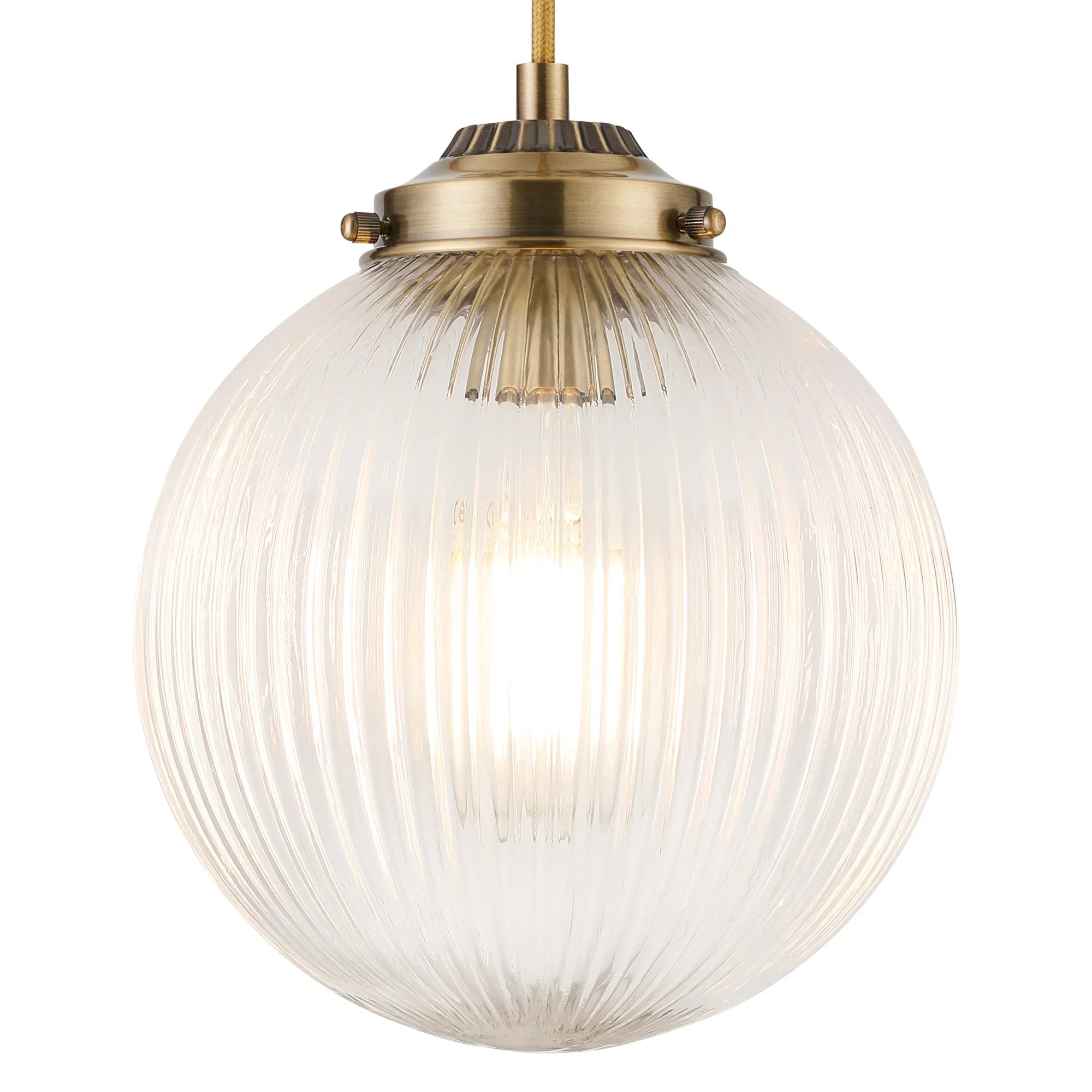 Grove Single Pendant with 20cm Acorn Ribbed Glass -Antique Brass & Golden Brown Braided Braided Cable & Clear