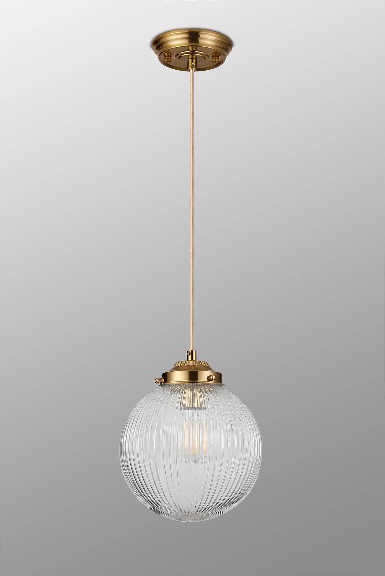 Grove Single Pendant with 20cm Acorn Ribbed Glass -Brass & Pale Gold Braided Cable & Clear