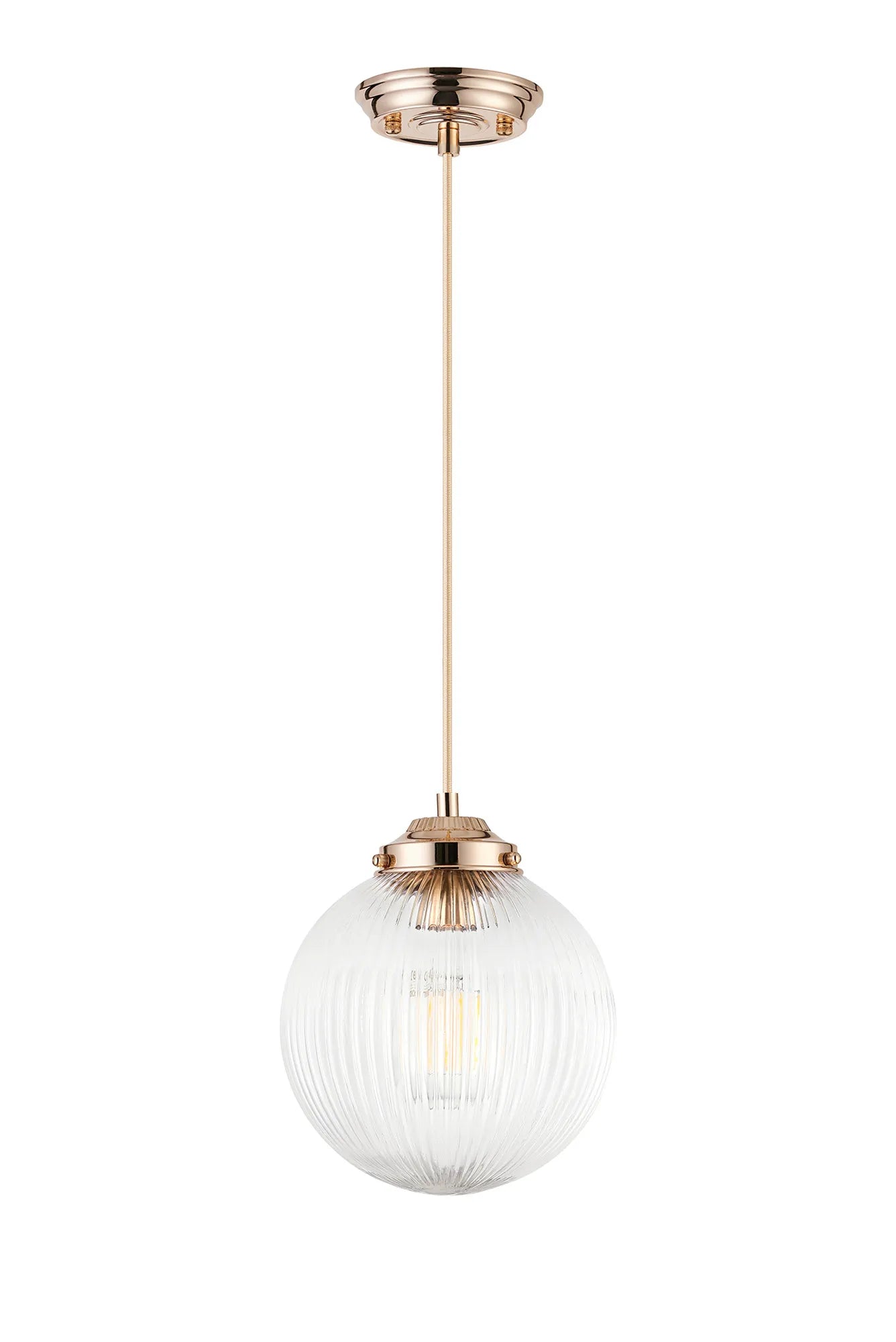 Grove Single Pendant with 20cm Acorn Ribbed Glass -French Gold & Gold Braided Braided Cable & Clear