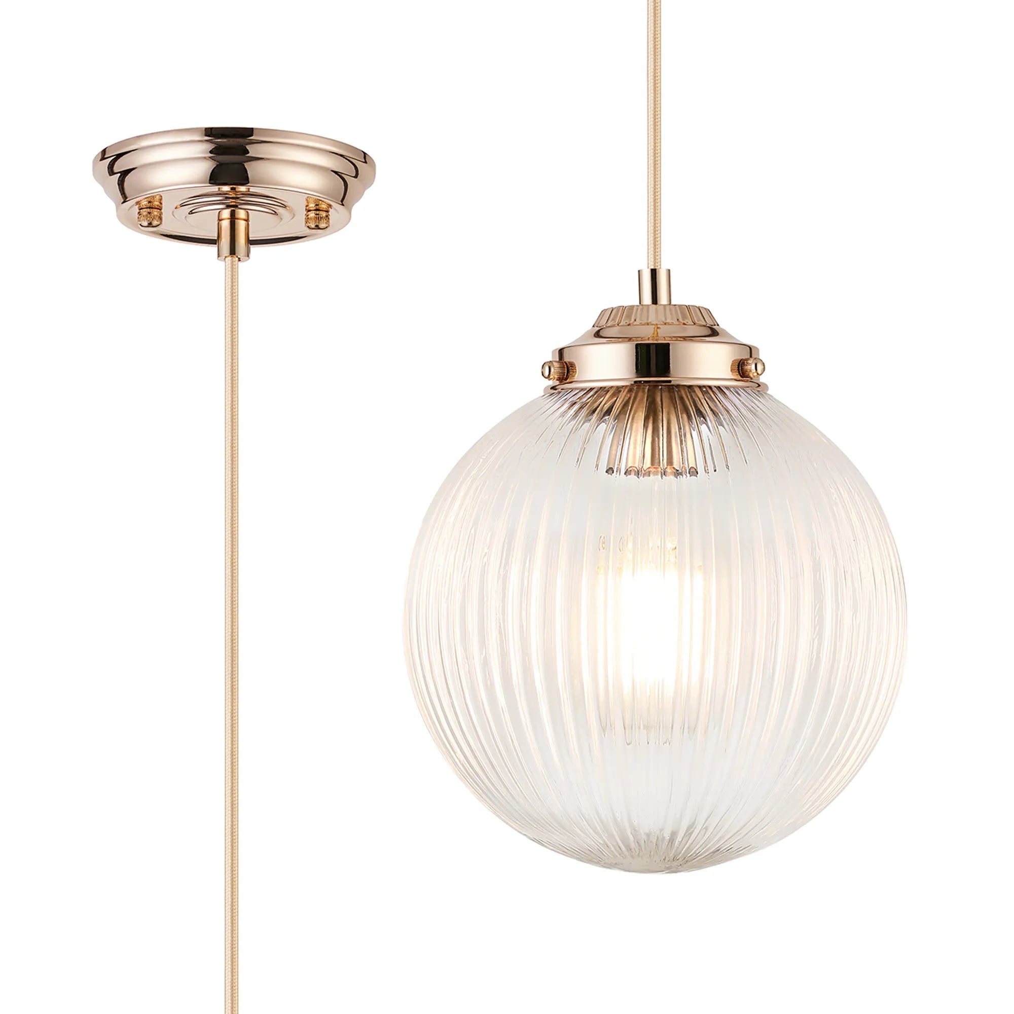 Grove Single Pendant with 20cm Acorn Ribbed Glass -French Gold & Gold Braided Braided Cable & Clear