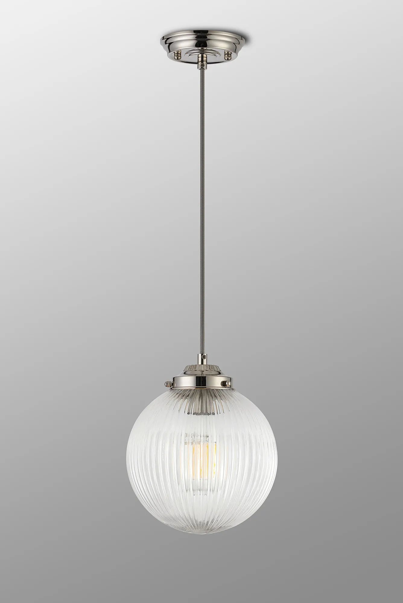Grove Single Pendant with 20cm Acorn Ribbed Glass -Polished Nickel & Grey Braided Braided Cable & Clear