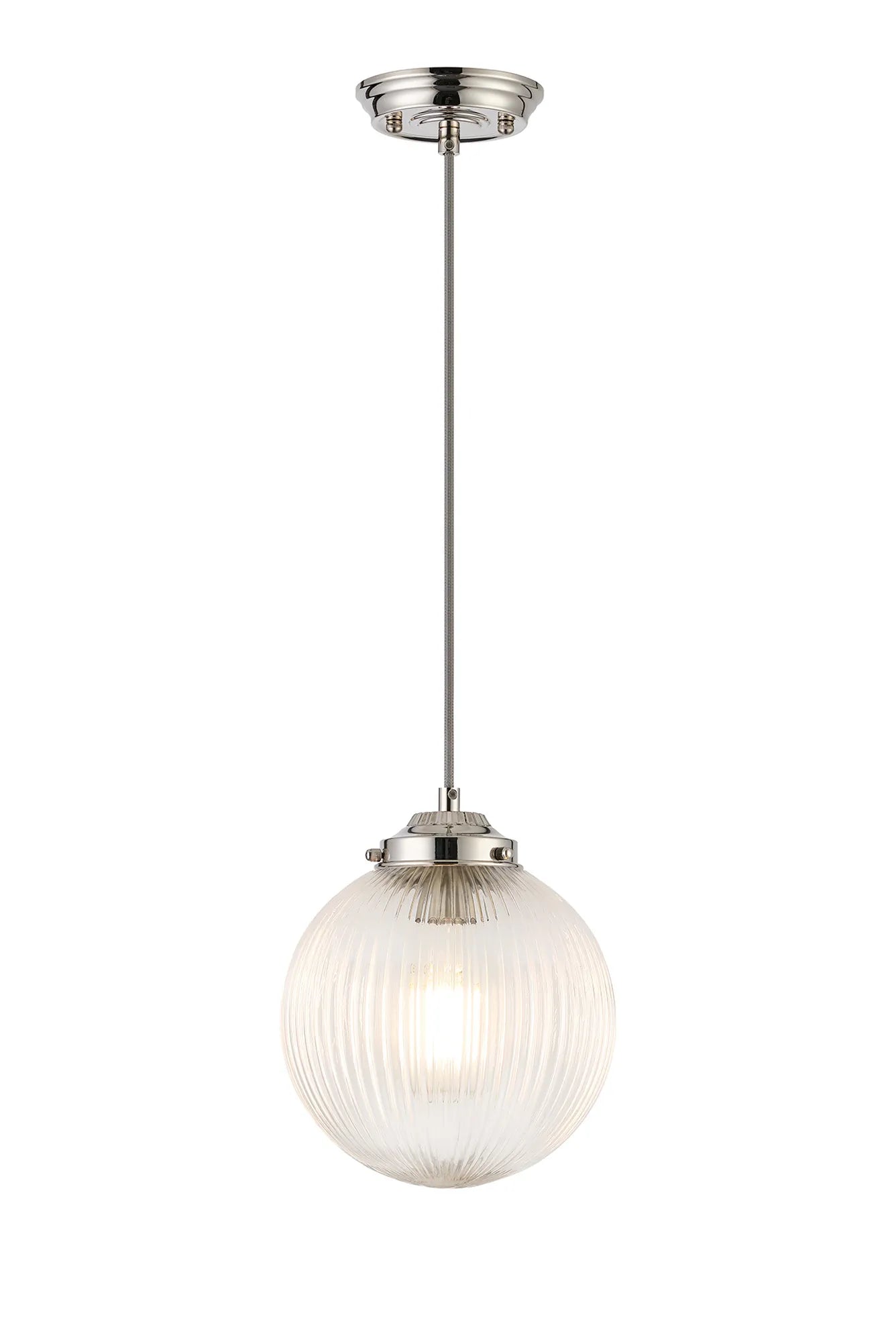 Grove Single Pendant with 20cm Acorn Ribbed Glass -Polished Nickel & Grey Braided Braided Cable & Clear