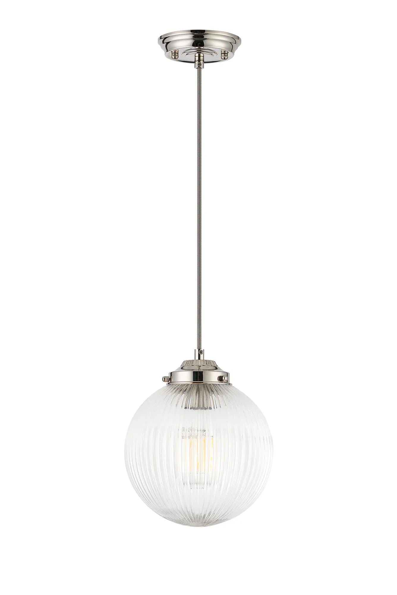 Grove Single Pendant with 20cm Acorn Ribbed Glass -Polished Nickel & Grey Braided Braided Cable & Clear