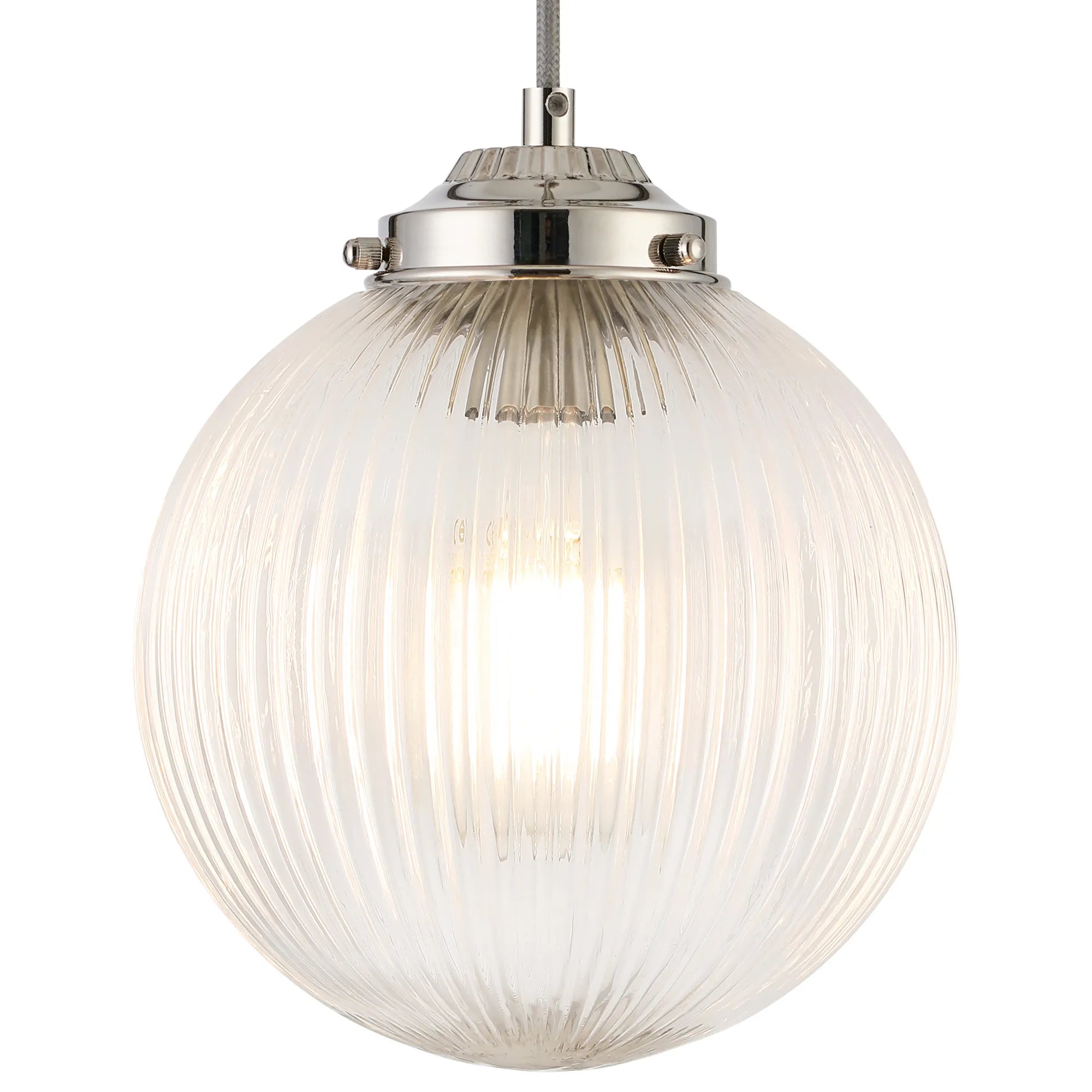 Grove Single Pendant with 20cm Acorn Ribbed Glass -Polished Nickel & Grey Braided Braided Cable & Clear