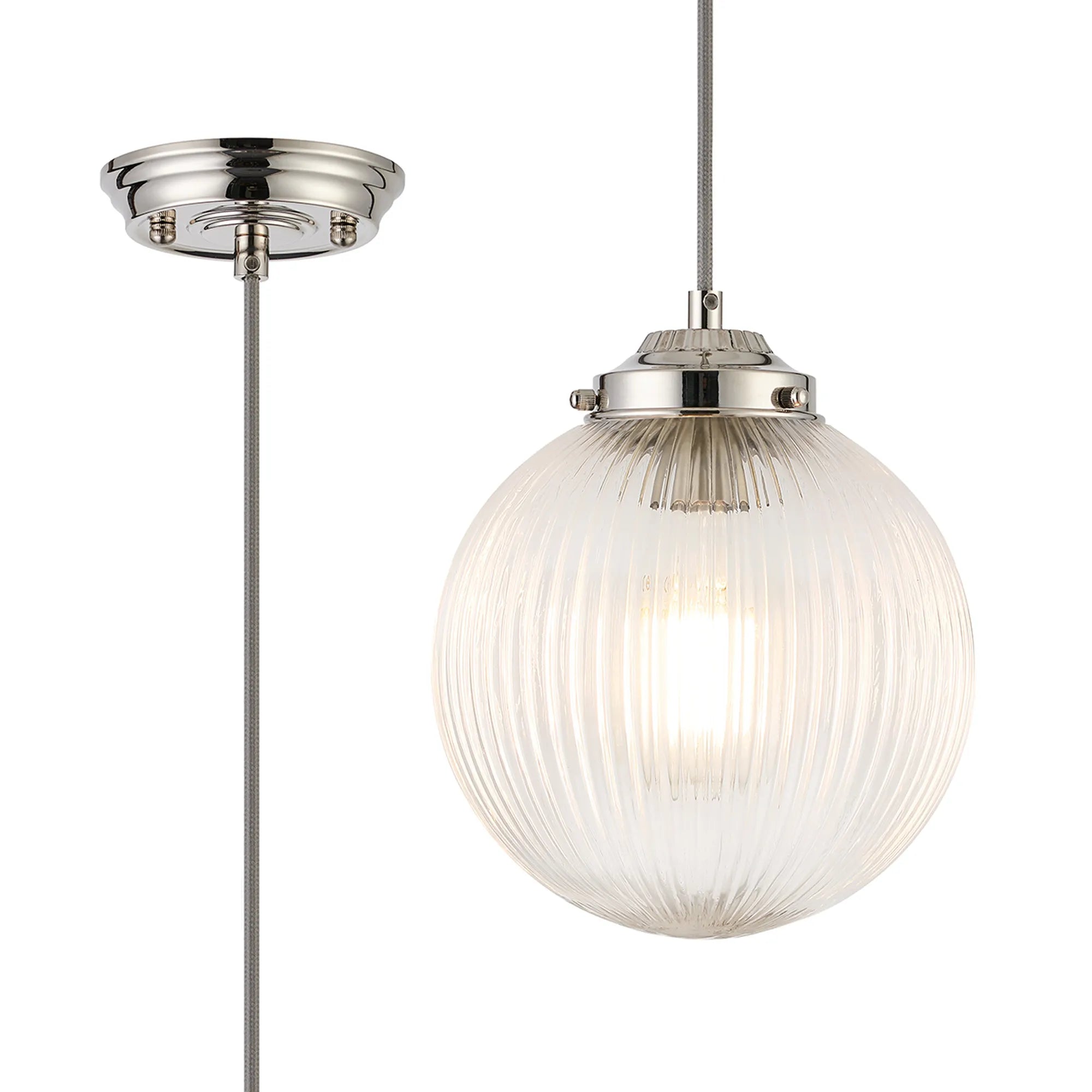Grove Single Pendant with 20cm Acorn Ribbed Glass -Polished Nickel & Grey Braided Braided Cable & Clear