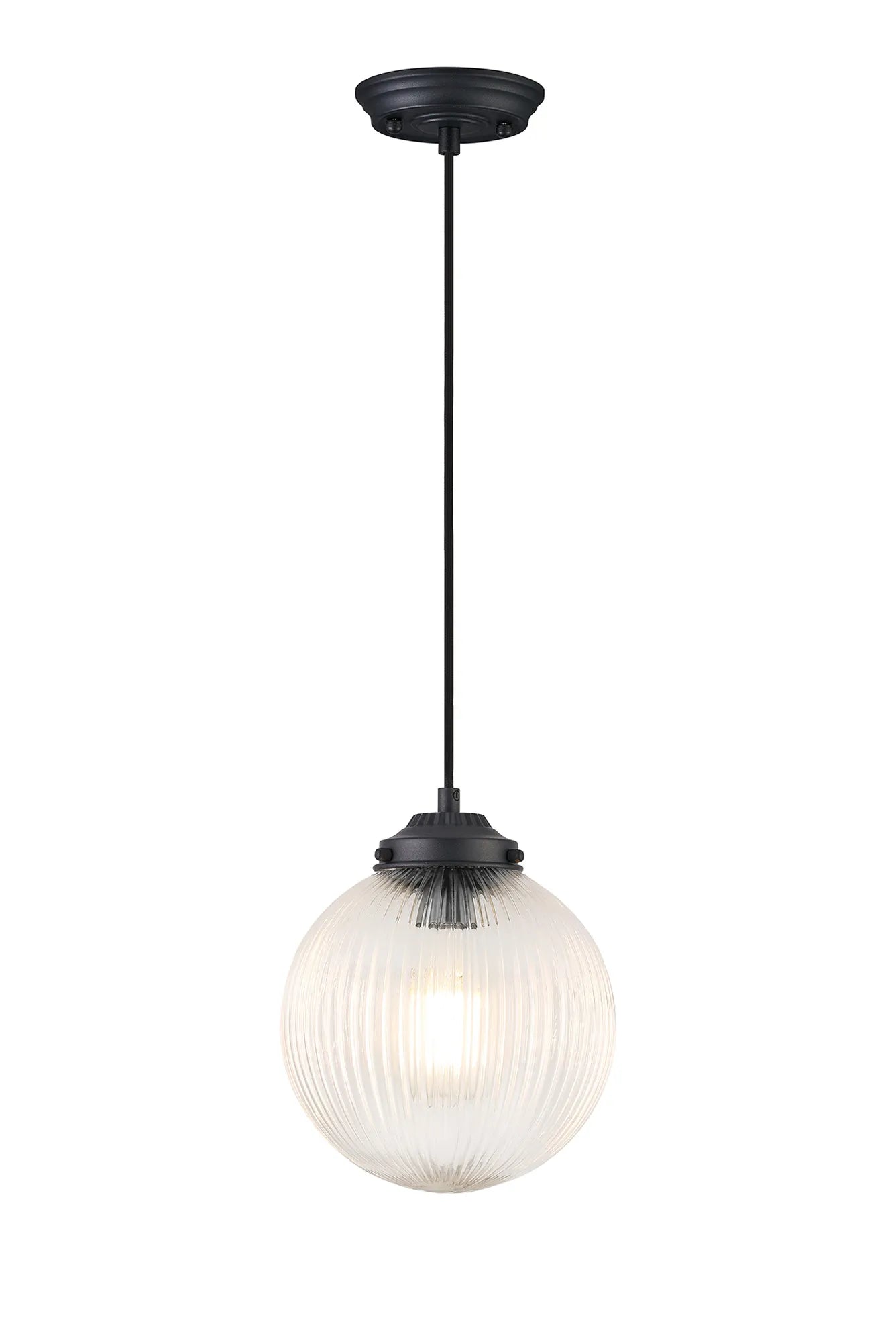 Grove Single Pendant with 20cm Acorn Ribbed Glass -Satin Black & Black Twisted Braided Cable & Clear