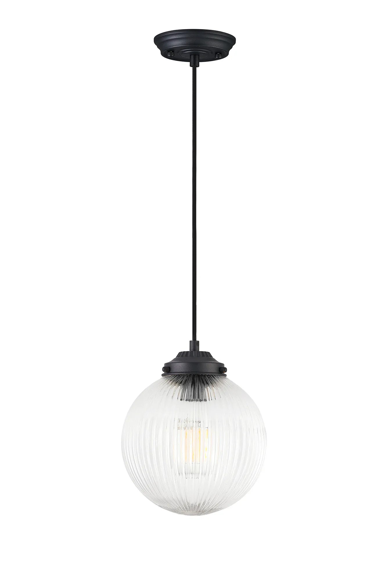 Grove Single Pendant with 20cm Acorn Ribbed Glass -Satin Black & Black Twisted Braided Cable & Clear