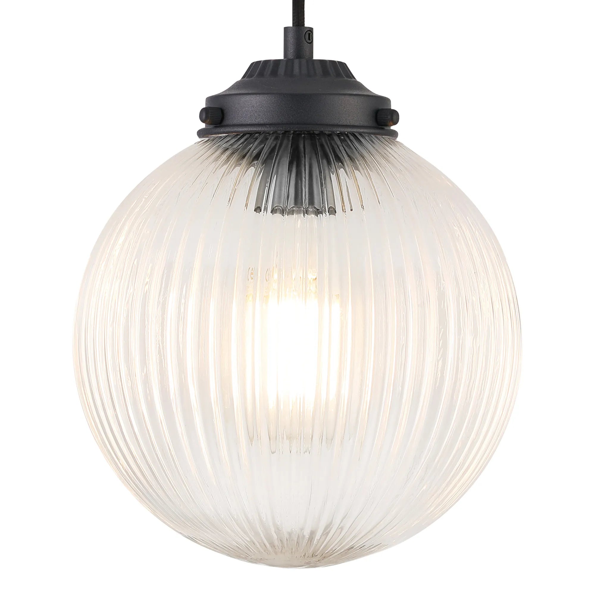Grove Single Pendant with 20cm Acorn Ribbed Glass -Satin Black & Black Twisted Braided Cable & Clear