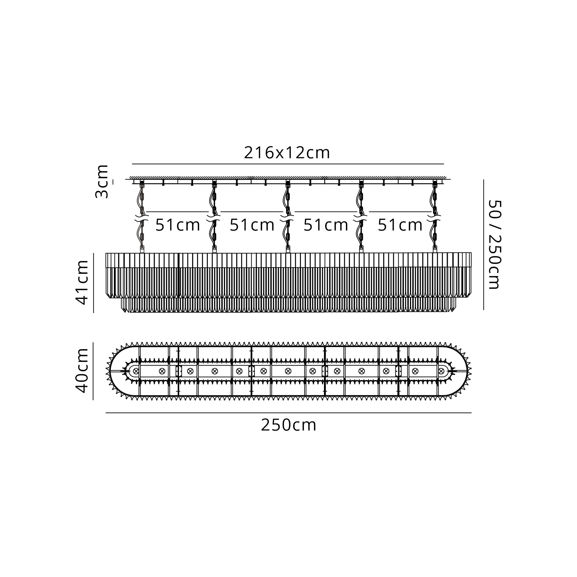 Cedar 250 x 40cm Linear Pendant 13 Light - Polished Nickel & Clear Sculpted Glass