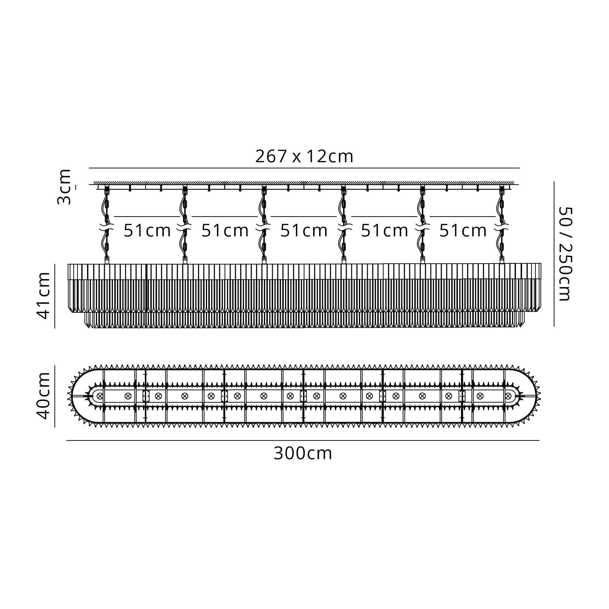 Cedar 300 x 40cm Linear Pendant 16 Light - Brass & Cognac Sculpted Glass