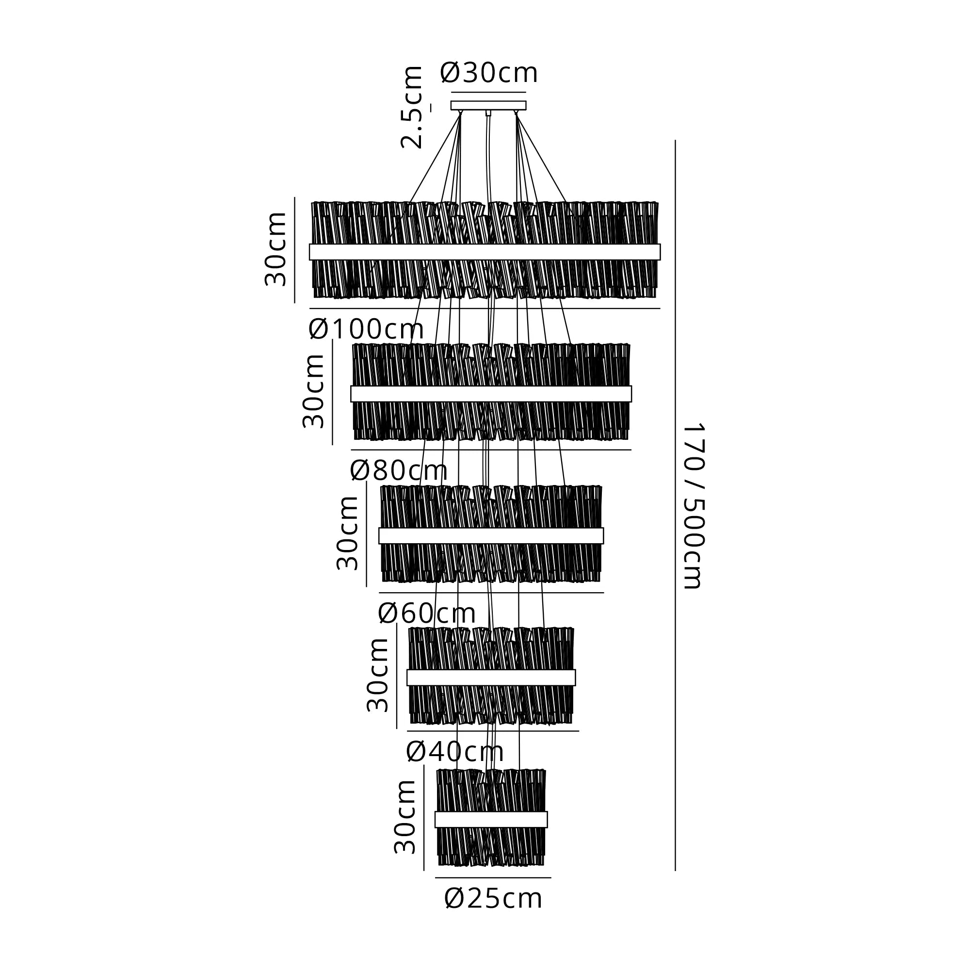 Farnley 5 Tier 1m Pendant 32 Light - Black & Clear