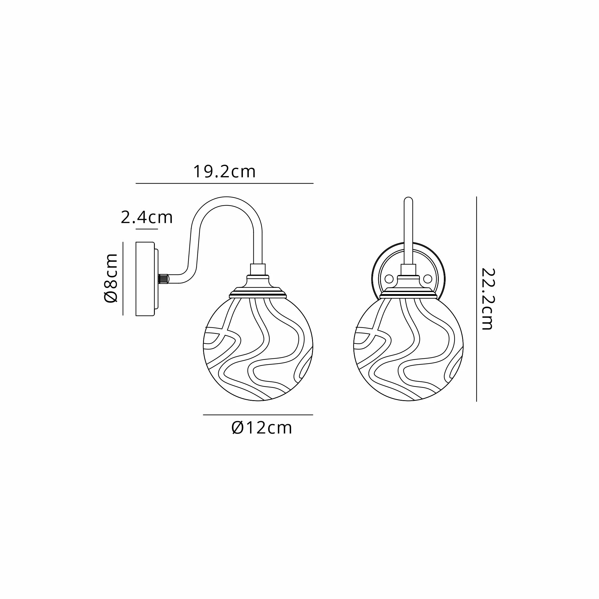 Dene Curved Arm Wall Light - 1 Light - IP44 Satin Black & Clear Waved Round Glass