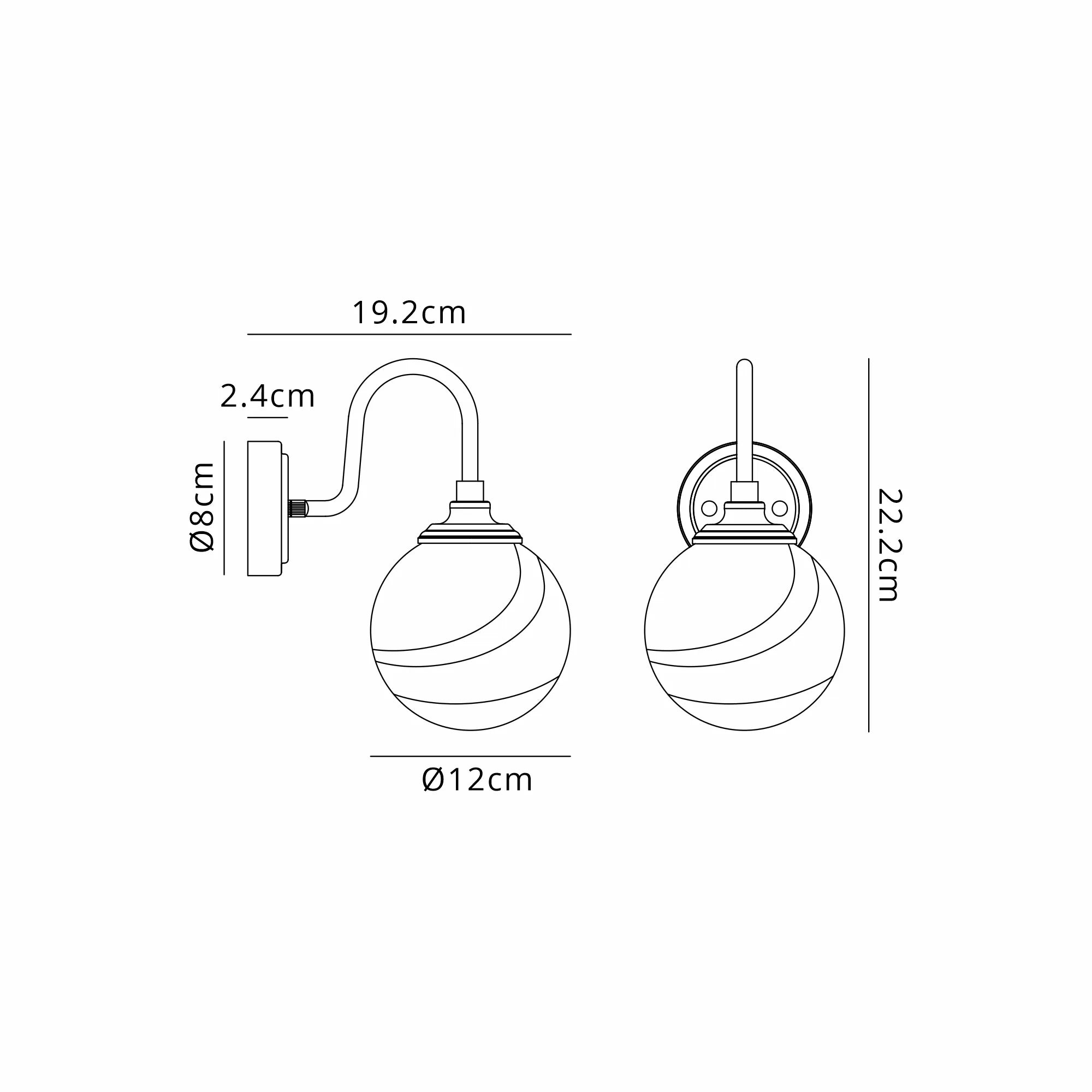 Dene Curved Arm Wall Light - 1 Light - IP44 Polished Nickel & Grey & White Round Marble Effect Glass
