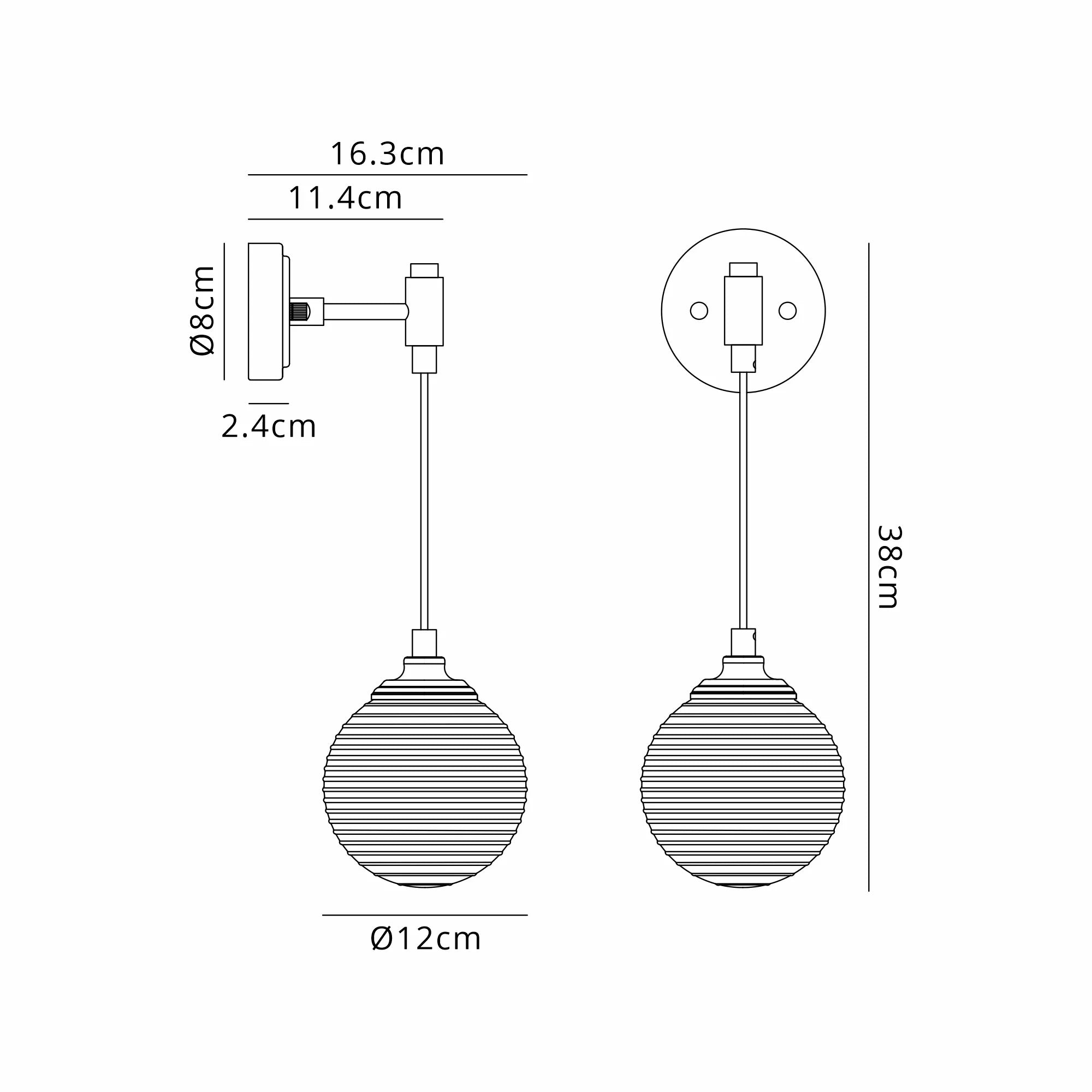 Dene Adjustable Single Wall Light IP44 - Polished Nickel & Clear Ribbed Round Glass