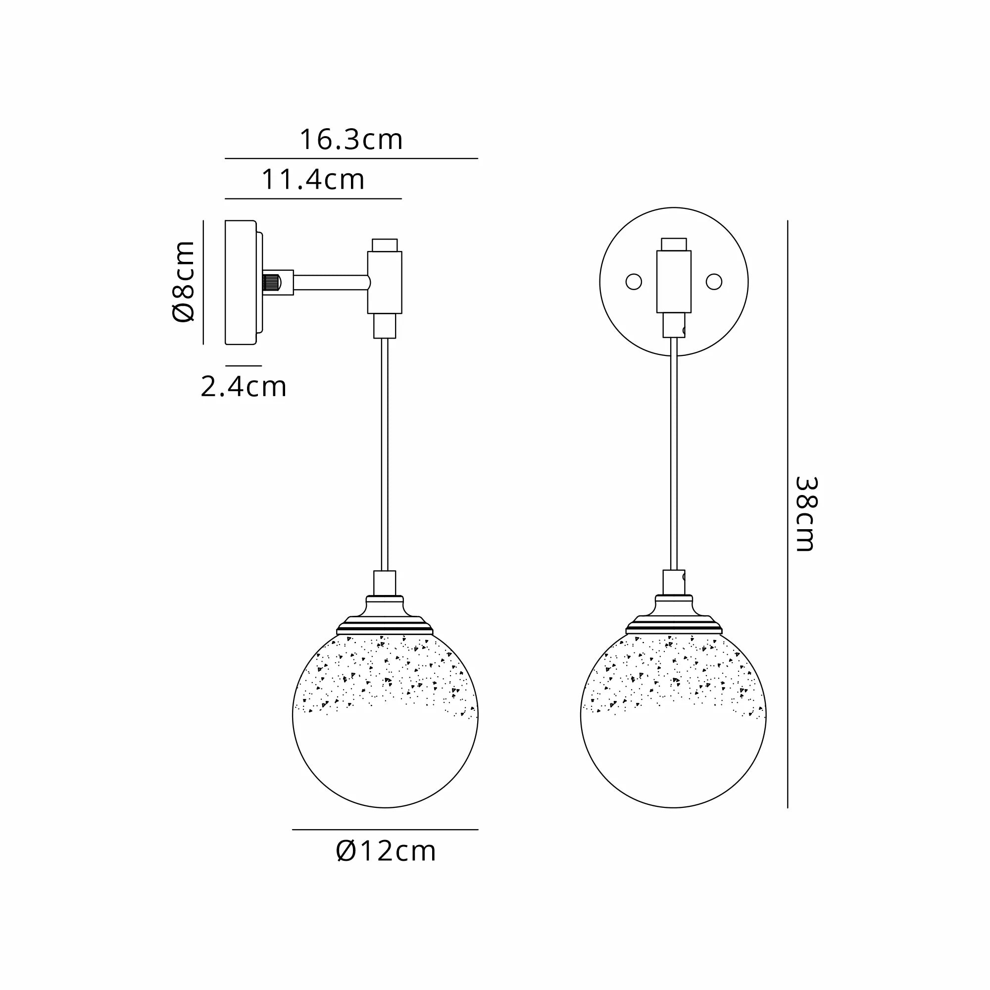 Dene Adjustable Single Wall Light IP44 - Polished Nickel & White Two-Tone Snow Specks Round Glass