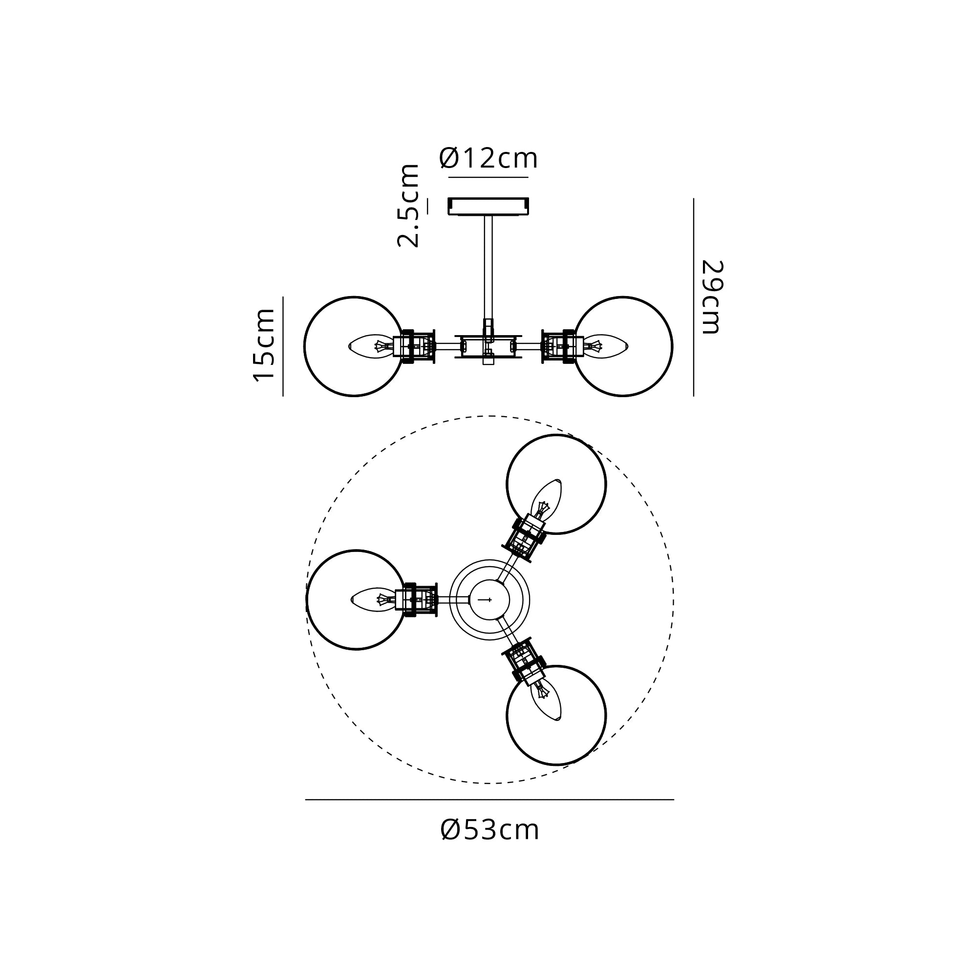 Sycamore Semi Ceiliing 3 Light with 15cm Round Glass Shade - Brass, Clear & Satin Black