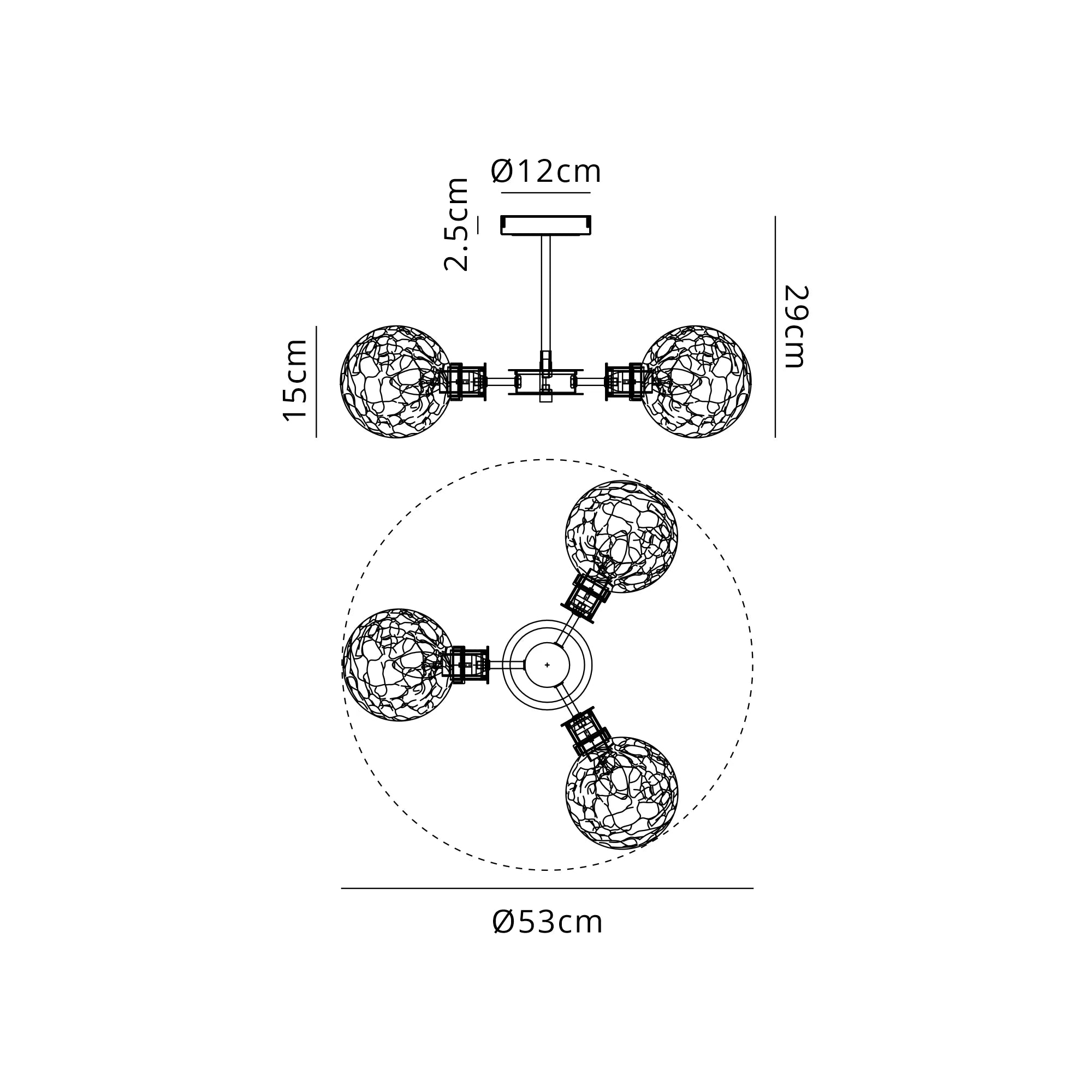 Sycamore Semi Ceiliing 3 Light with 15cm Round Crackled Glass Shade - Brass, Clear & Satin Black