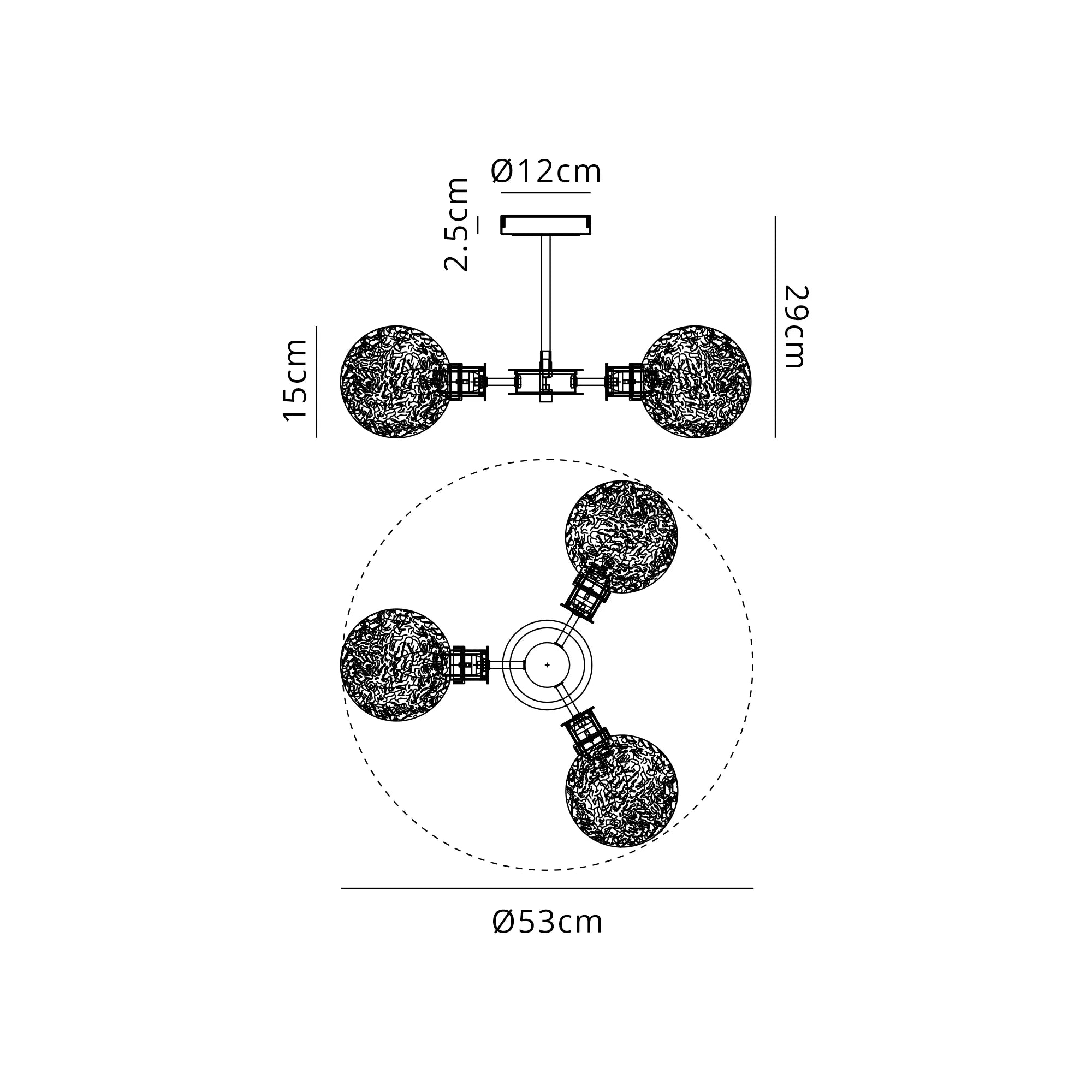 Sycamore Semi Ceiliing 3 Light with 15cm Round Dimpled Glass Shade - Brass, Clear & Satin Black
