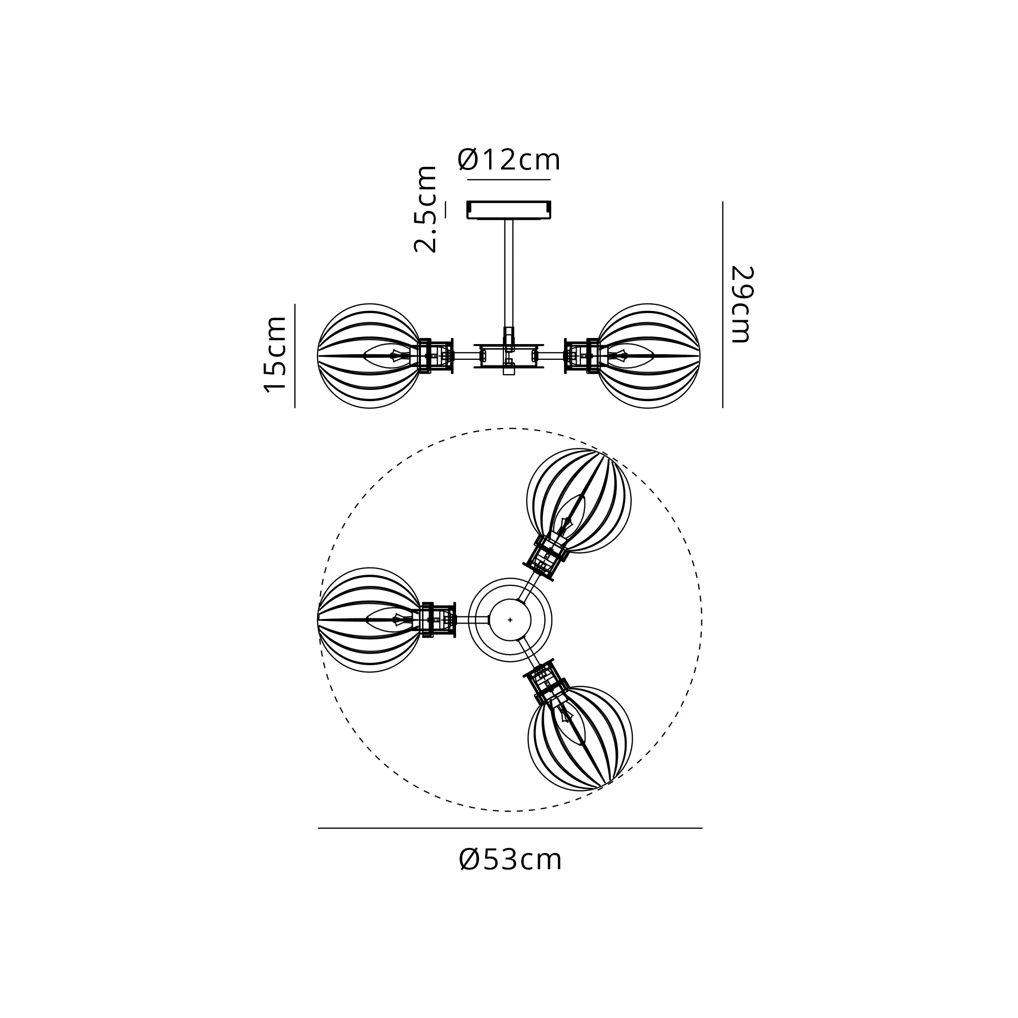 Sycamore Semi Ceiliing 3 Light with 15cm Round Segment Glass Shade - Brass, Clear & Satin Black
