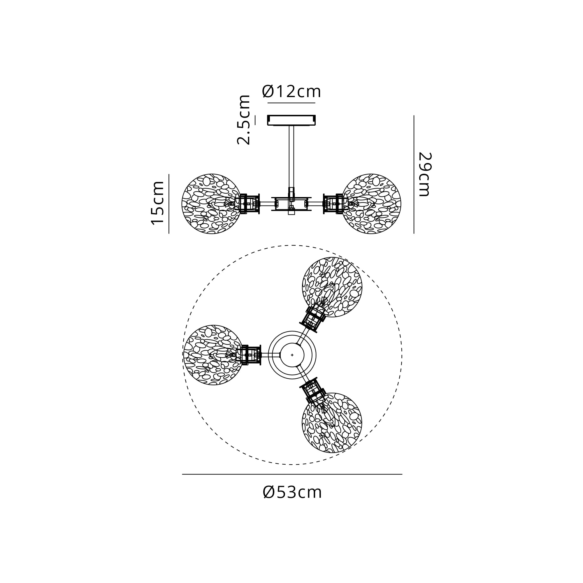 Sycamore Semi Ceiliing 3 Light with 15cm Round Speckled Glass Shade - Brass, White & Satin Black
