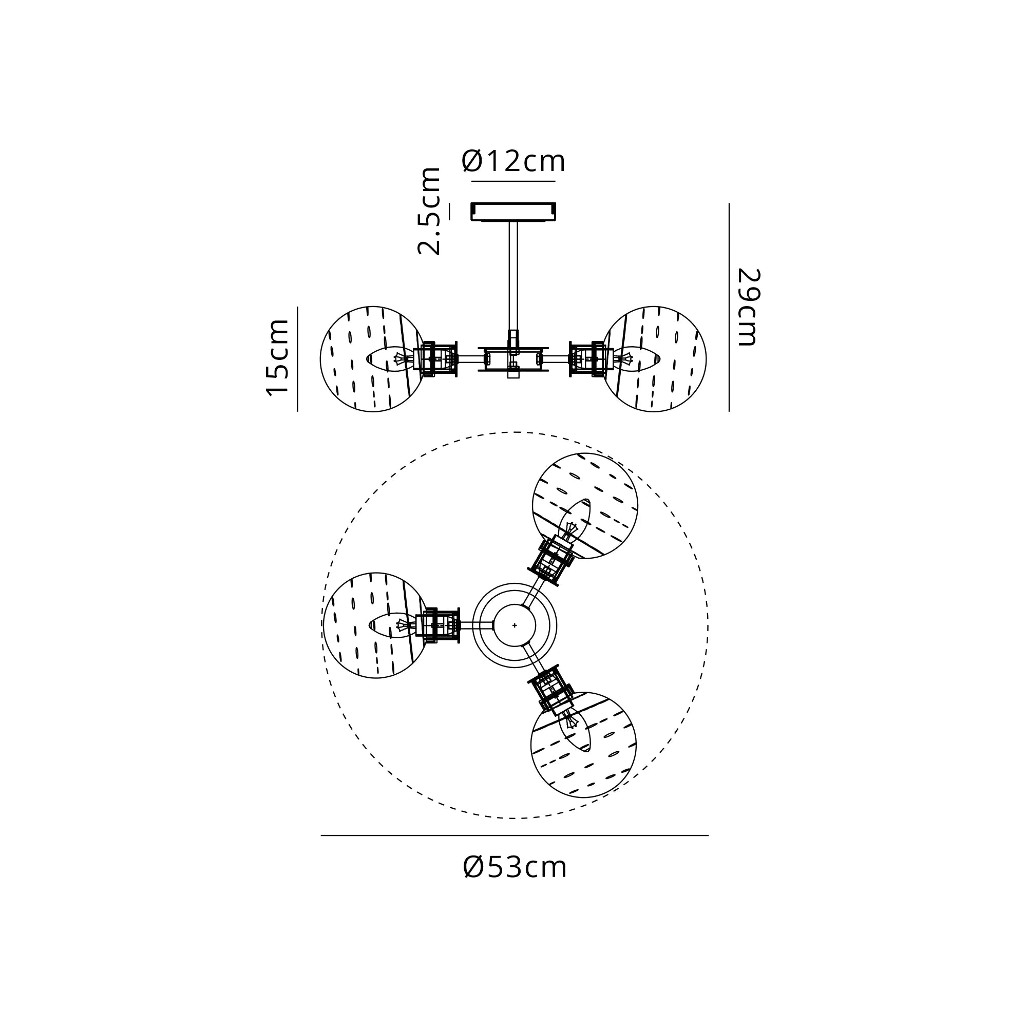 Sycamore Semi Ceiliing 3 Light with 15cm Round Textured Melting Glass Shade - Satin Nickel, Clear & Satin Black