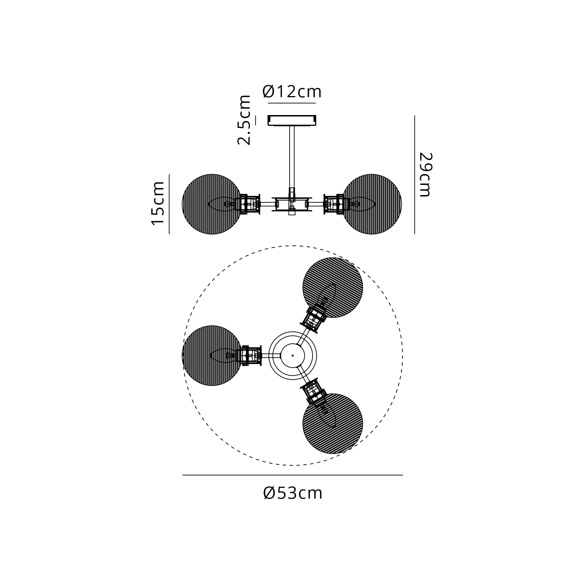Sycamore Semi Ceiliing 3 Light with 15cm Round Ribbed Glass Shade - Satin Nickel, Clear & Satin Black