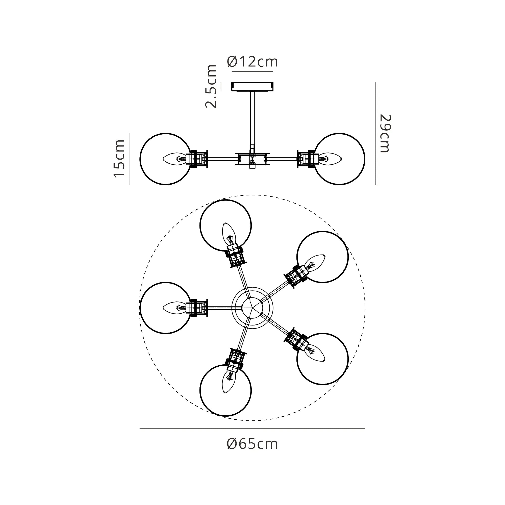Sycamore Semi Ceiliing 5 Light with 15cm Round Glass Shade - Brass, Amber Plated & Satin Black