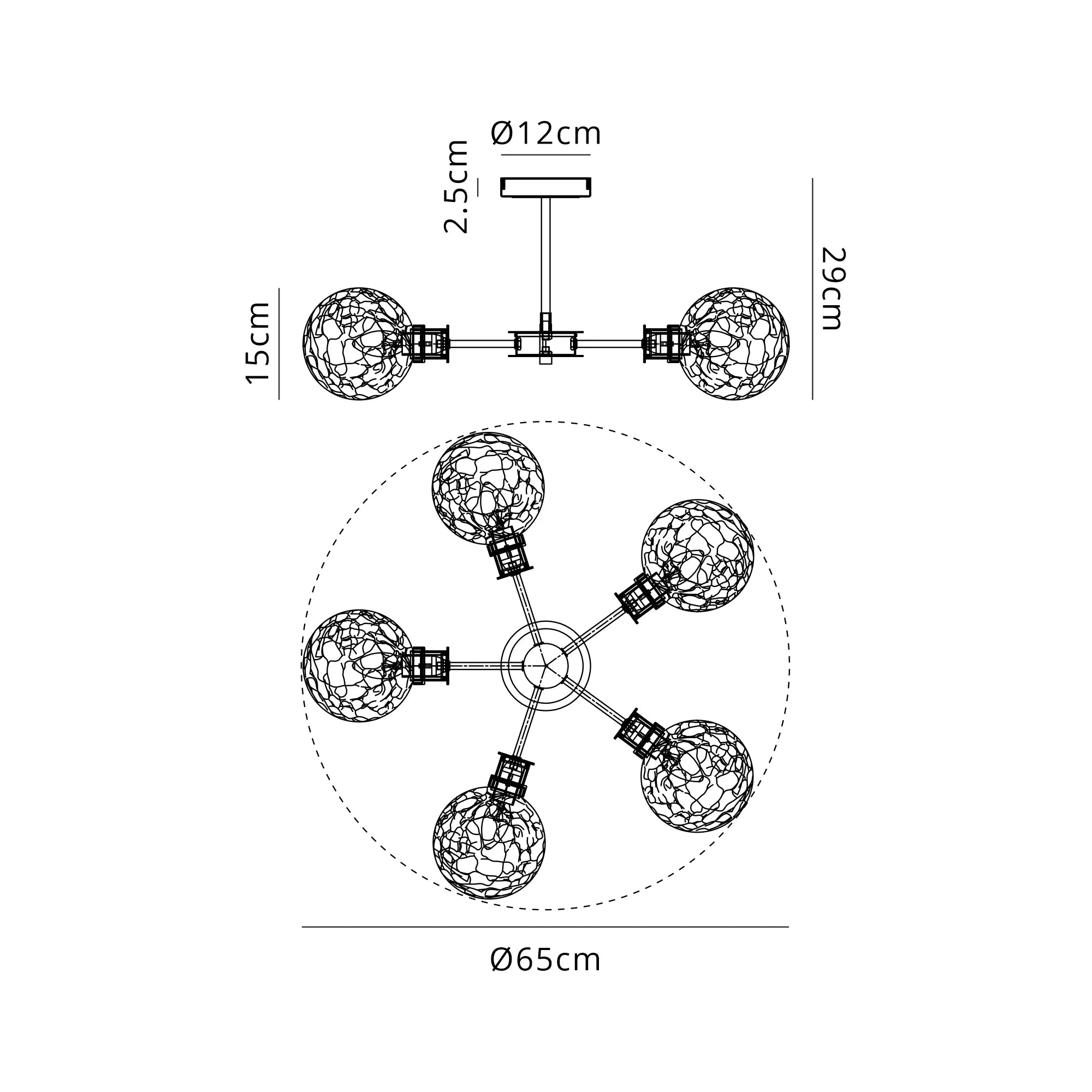 Sycamore Semi Ceiliing 5 Light with 15cm Round Crackled Glass Shade - Brass, Clear & Satin Black