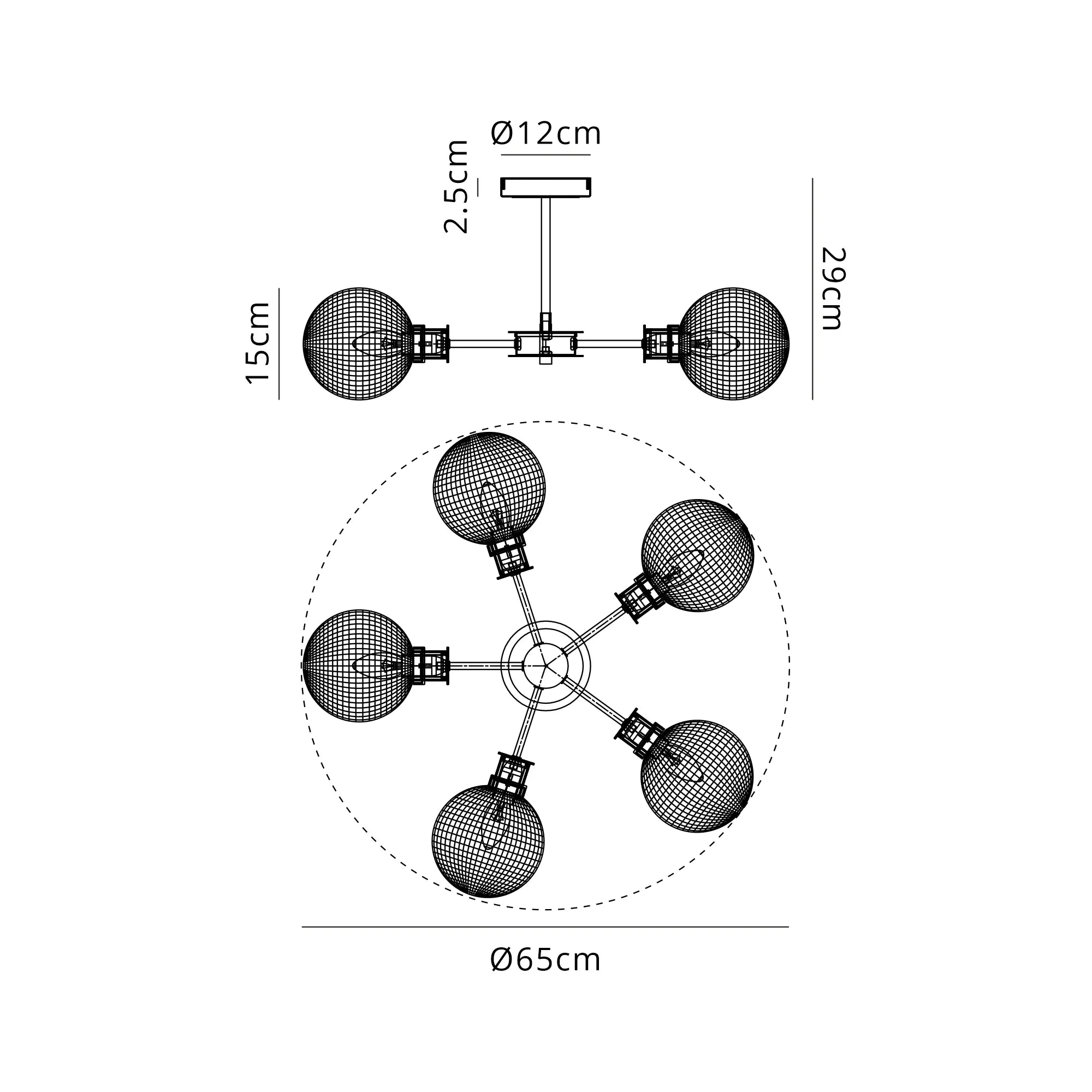 Sycamore Semi Ceiliing 5 Light with 15cm Round Textured Diamond Pattern Glass Shade - Brass, Clear & Satin Black