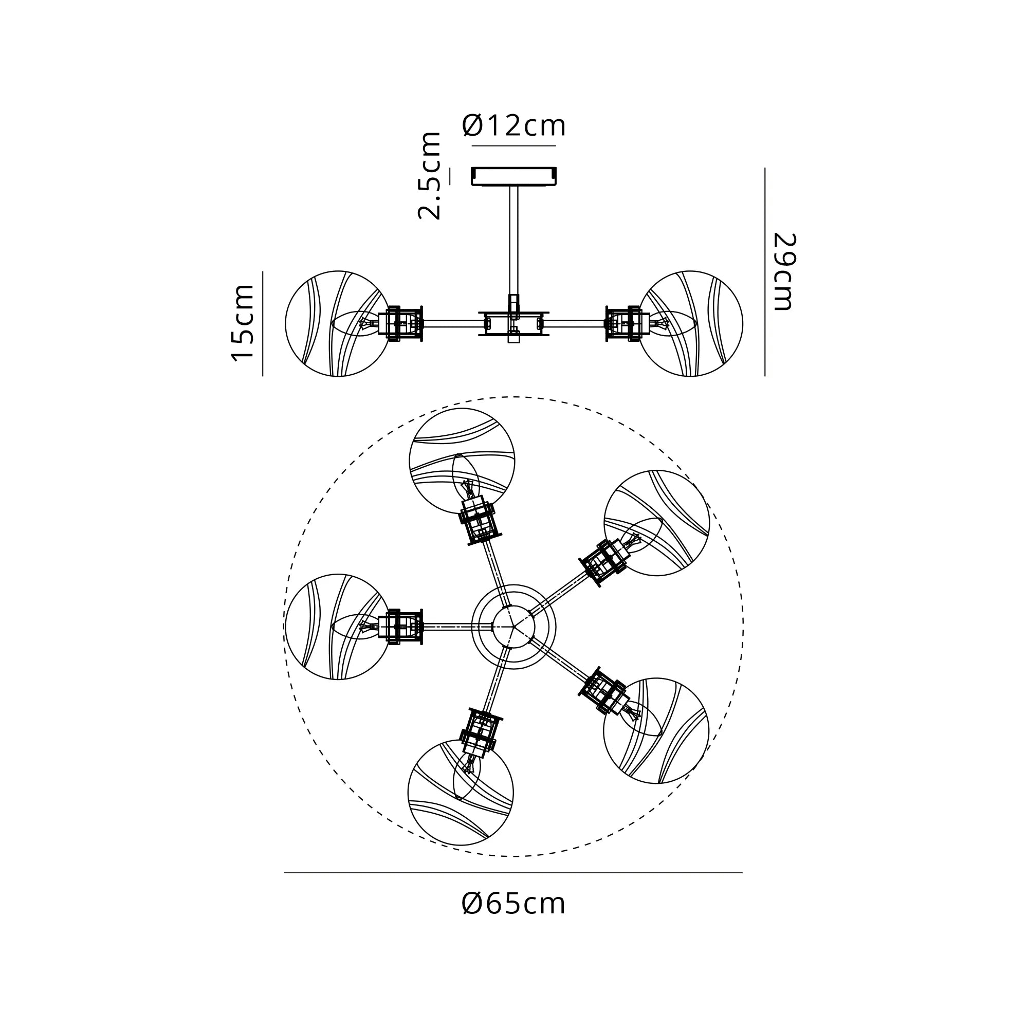 Sycamore Semi Ceiliing 5 Light with 15cm Round Marble Effect Glass Shade - Brass, White & Satin Black