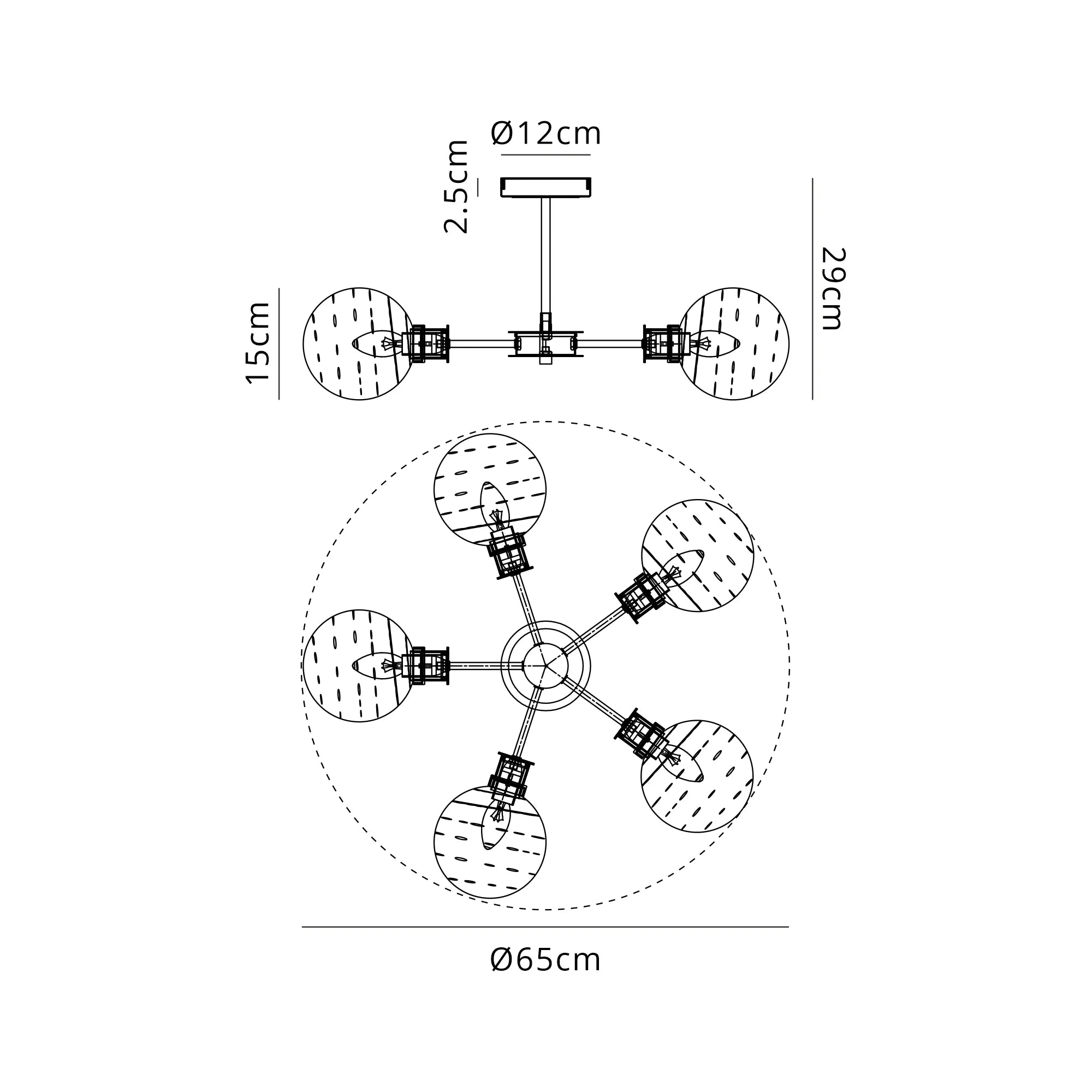 Sycamore Semi Ceiliing 5 Light with 15cm Round Textured Melting Glass Shade - Brass, Clear & Satin Black