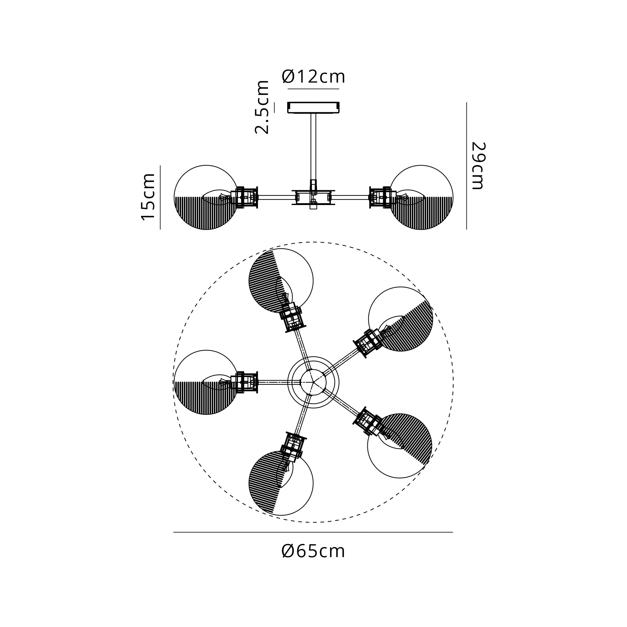 Sycamore Semi Ceiliing 5 Light with 15cm Round Double Textured Smooth & Ribbed Glass Shade - Brass, Smoke Plated & Satin Black