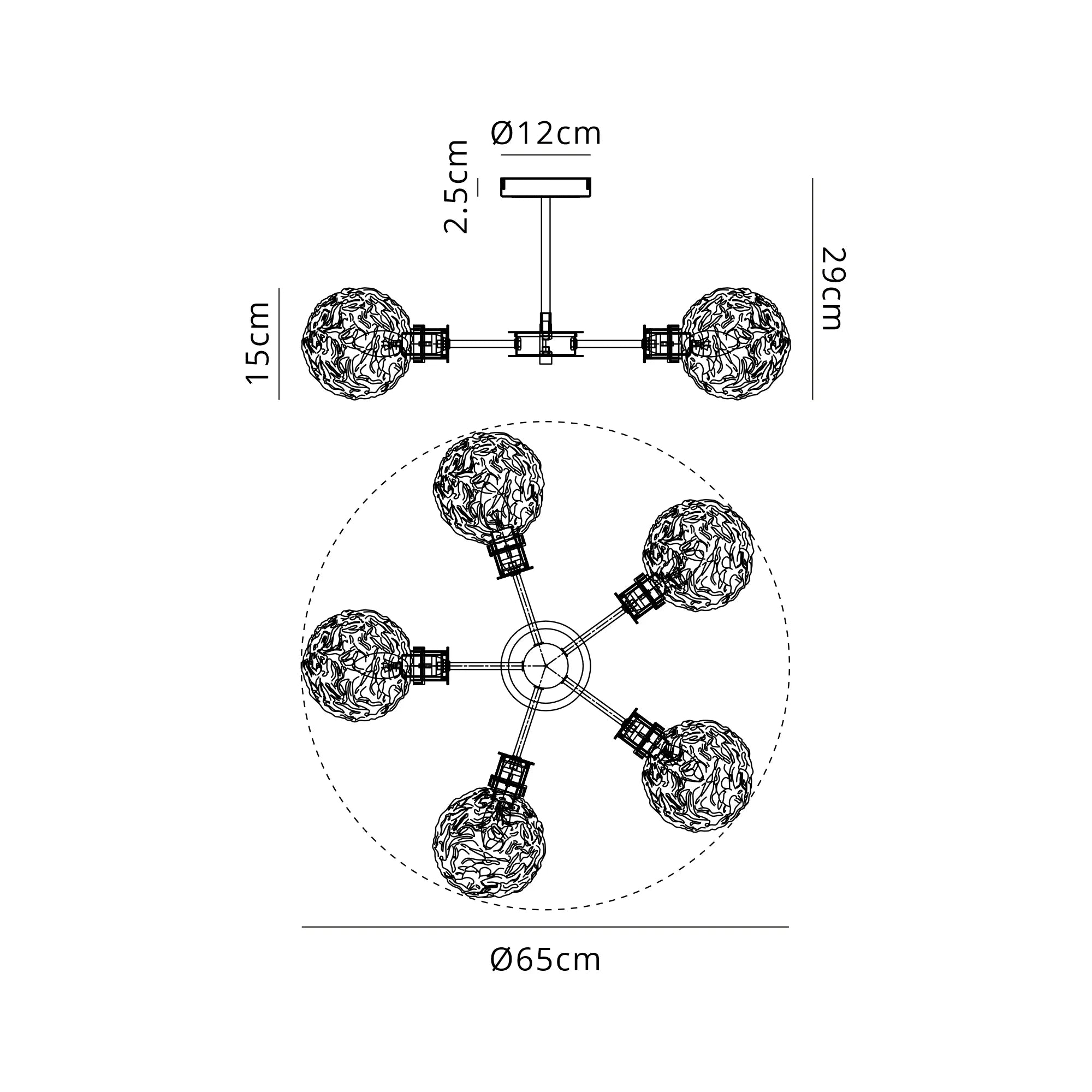 Sycamore Semi Ceiliing 5 Light with 15cm Round Textured Crumple Glass Shade - Satin Nickel, Clear & Satin Black
