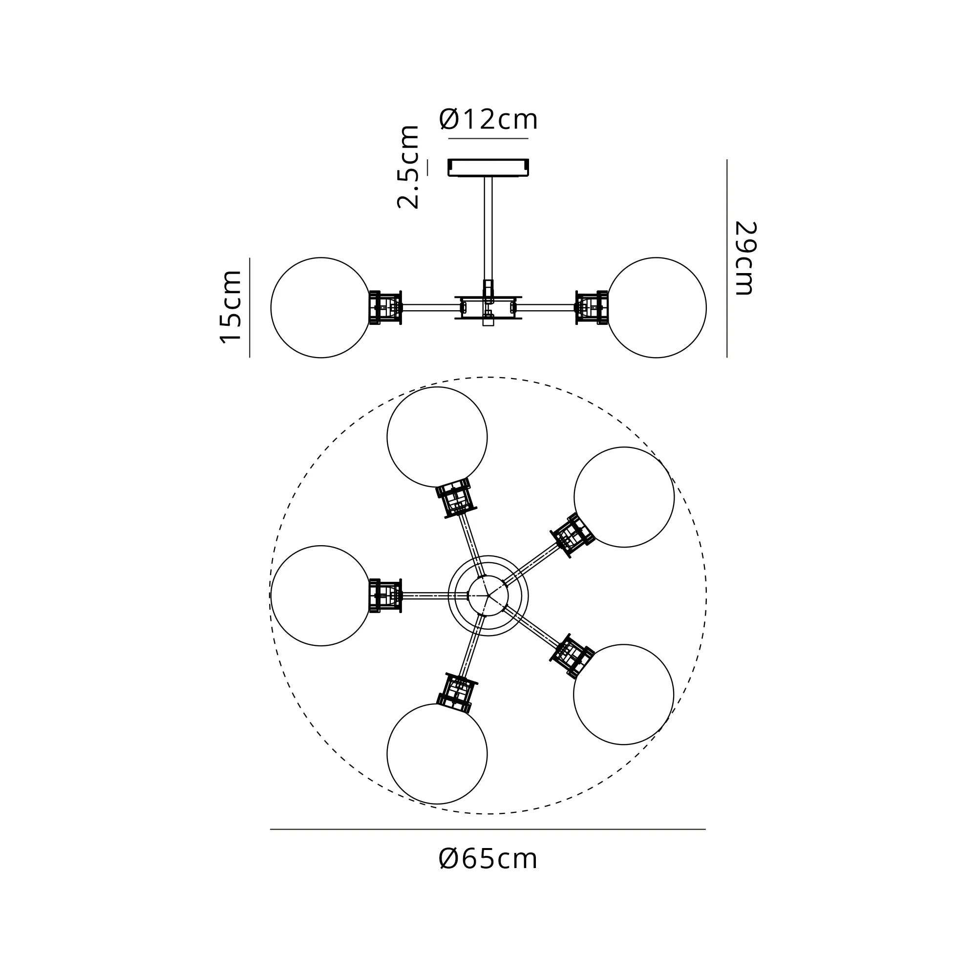 Sycamore Semi Ceiliing 5 Light with 15cm Round Glass Shade - Satin Nickel, Opal & Satin Black